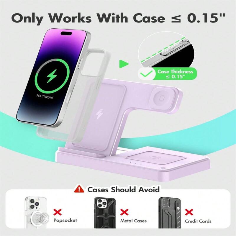 Only Works With Case ≤ 0.15"  
Case Thickness ≤ 0.15"  
75% Charged  

Cases Should Avoid  
Popsocket  
Metal Cases  
Credit Cards