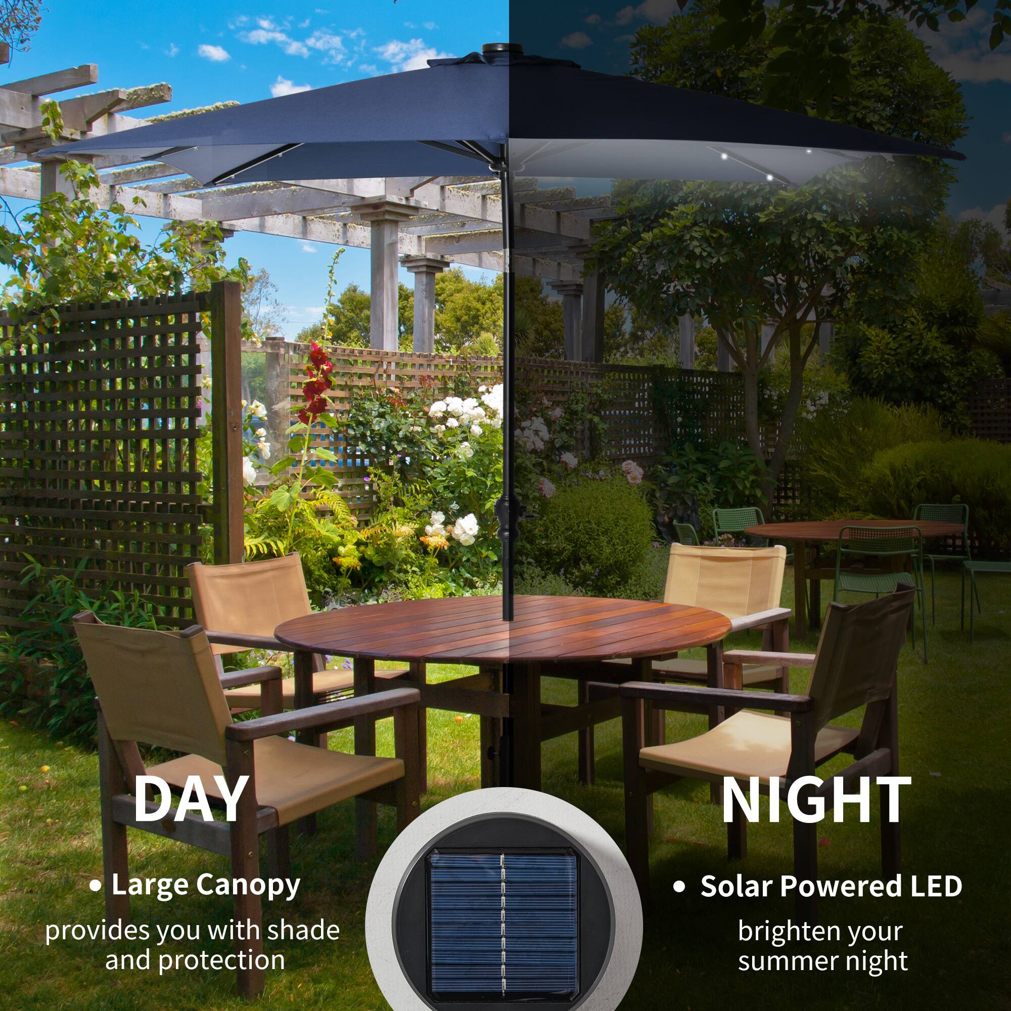 DAY Large Canopy provides you with shade and protection
NIGHT Solar Powered LED brighten your summer night