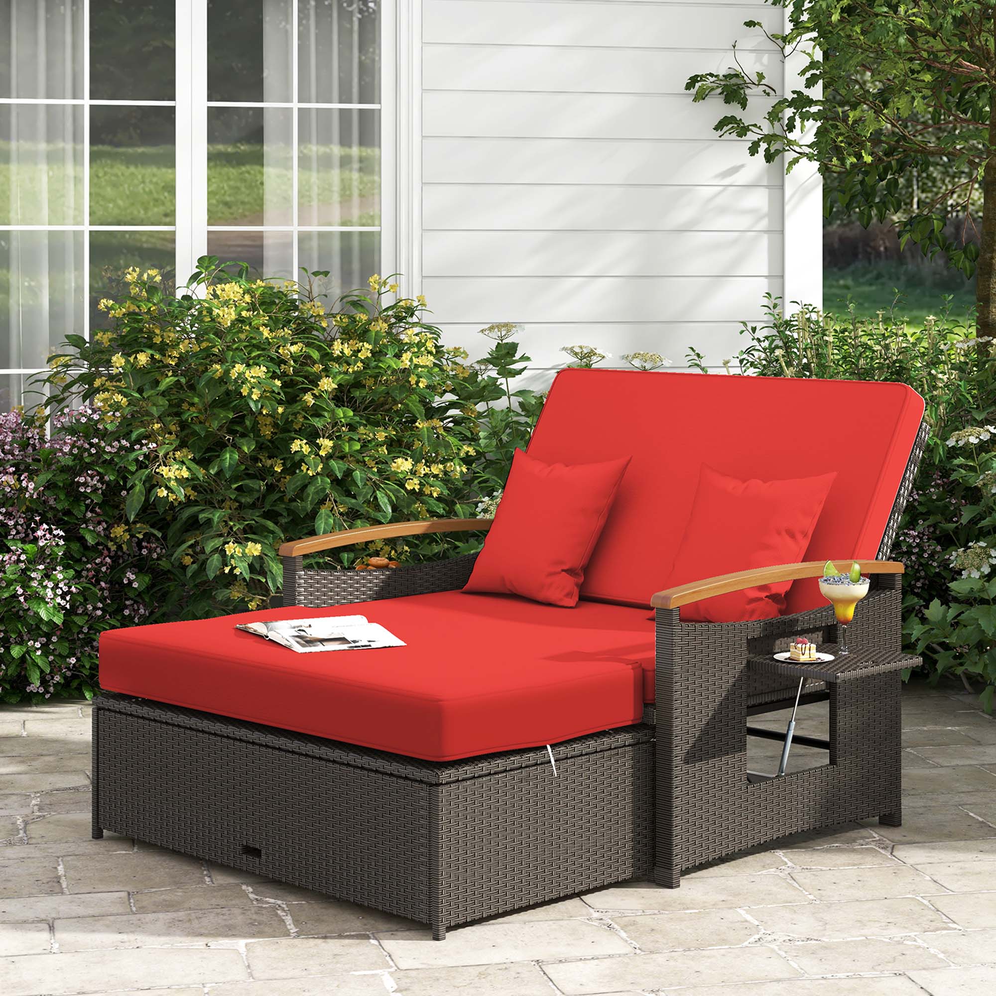 Back. Costway - Patio Rattan Daybed Set with Cushioned Loveseat & Storage Ottoman for Porch - Red + Mix Brown.