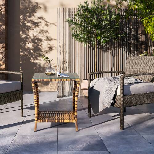 Alt View 9. Winado - 18in Gradient Wicker Rattan Side Table with Glass Patio for Indoor Outdoor Garden Furniture - Yellow & Borwn.