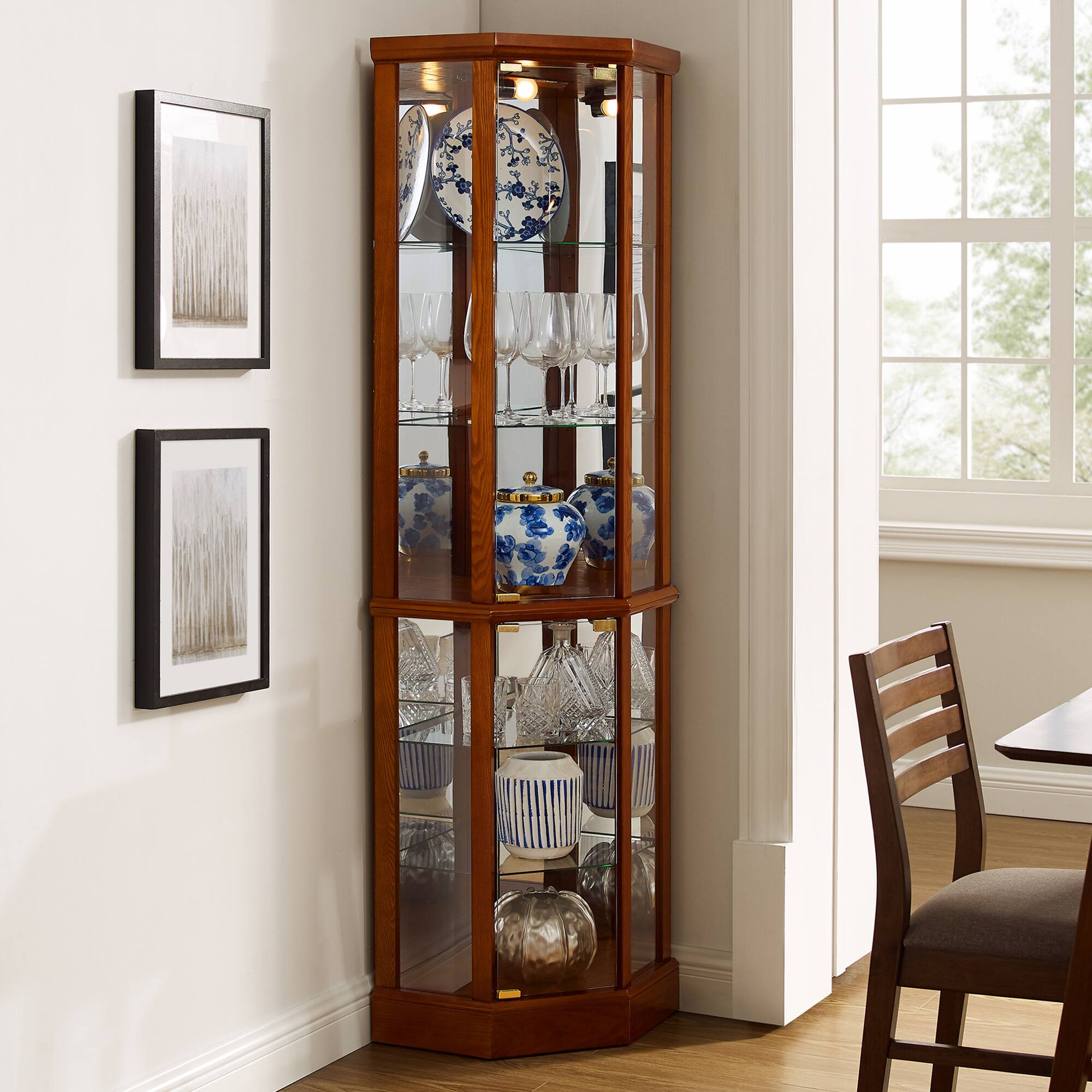 Left. APRILSOUL - Corner Curio Cabinet with Mirrored Panel Tempered Glass Shelves and Transitional Style - Oak.