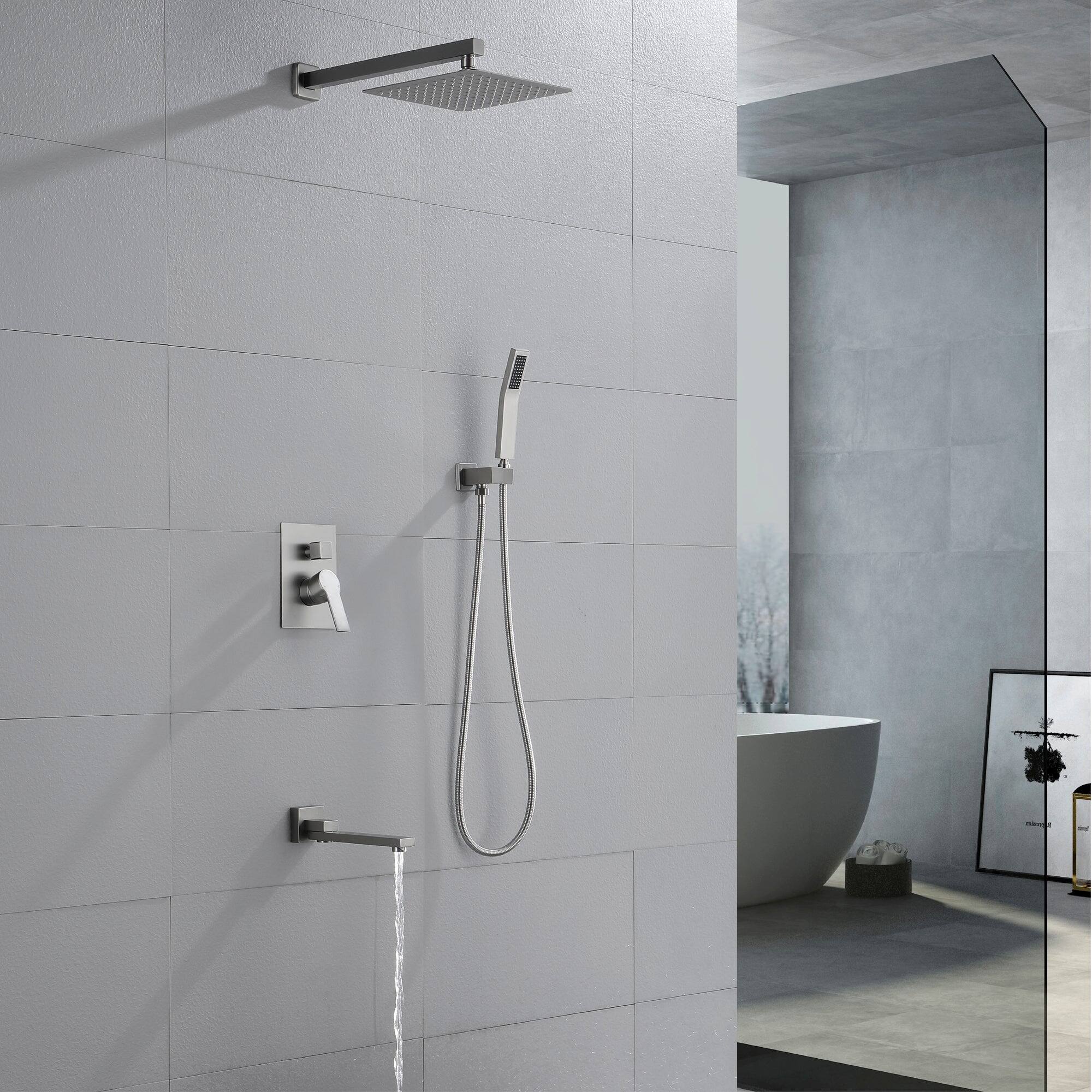 Left. Boyel Living - Wall Mount Single Handle Tub and Shower Faucet with Fixed Shower in Brushed Nickel 12 Inch Valve Included - Brushed Nickel.