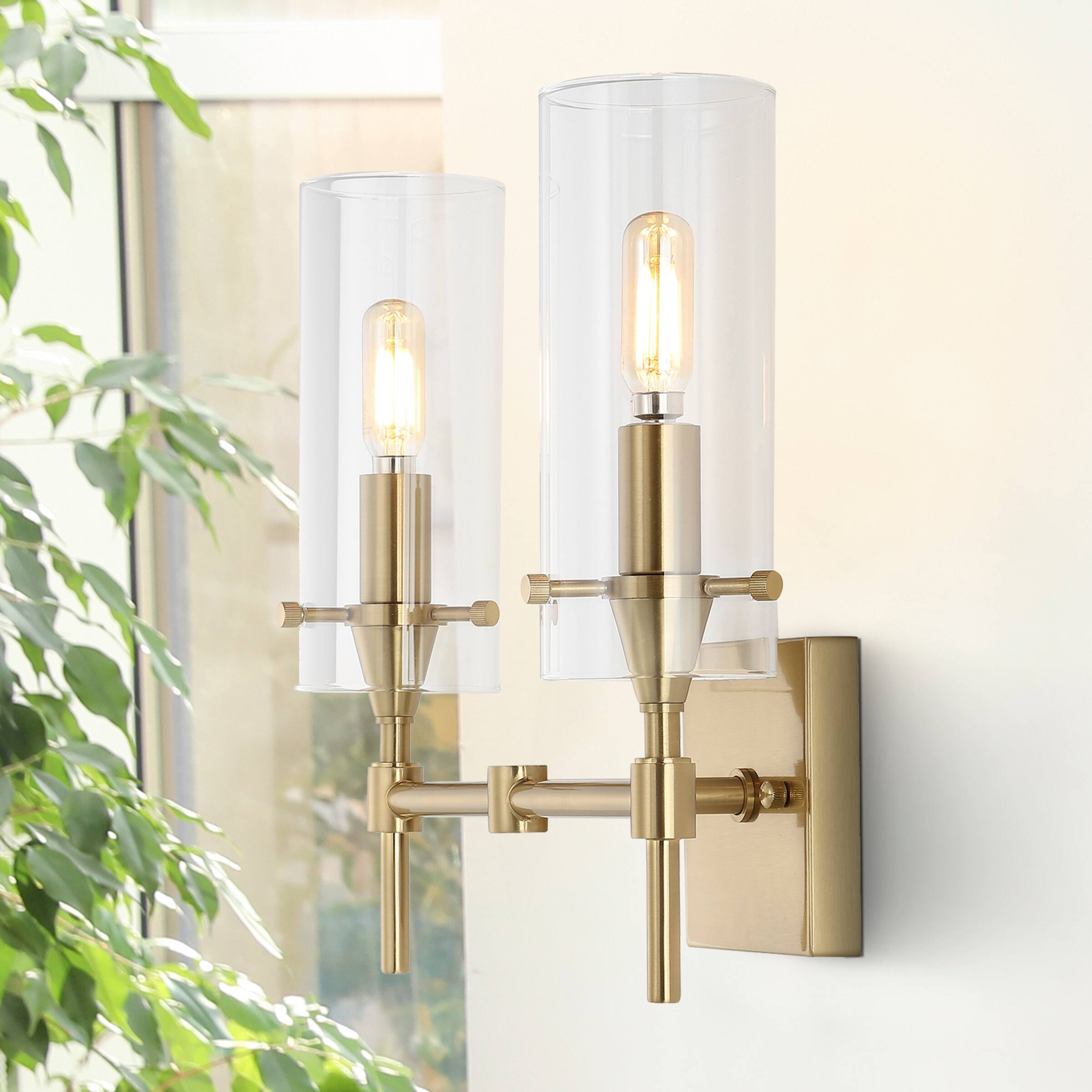 Alt View 1. Jonathan Y - Cato 13.5" 2-Light Modern Farmhouse Iron/Glass LED Vanity, Brass Gold/Clear - Brass Gold.