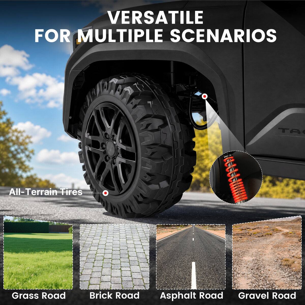 VERSATILE FOR MULTIPLE SCENARIOS

All-Terrain Tires

Grass Road
Brick Road
Asphalt Road
Gravel Road