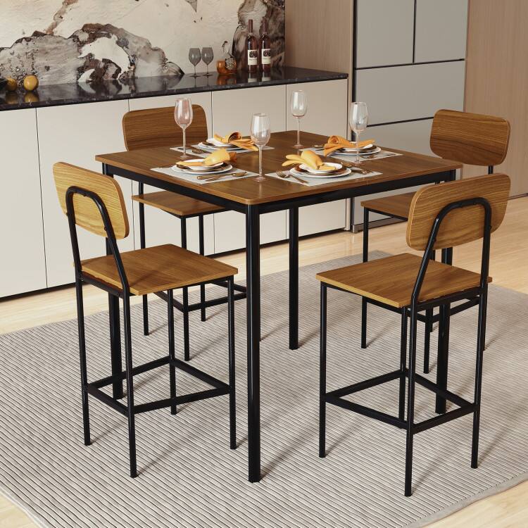 Left. SlickBlue - 5-Piece Industrial Dining Set with Counter Height Table and 4 Bar Stools - Teak.