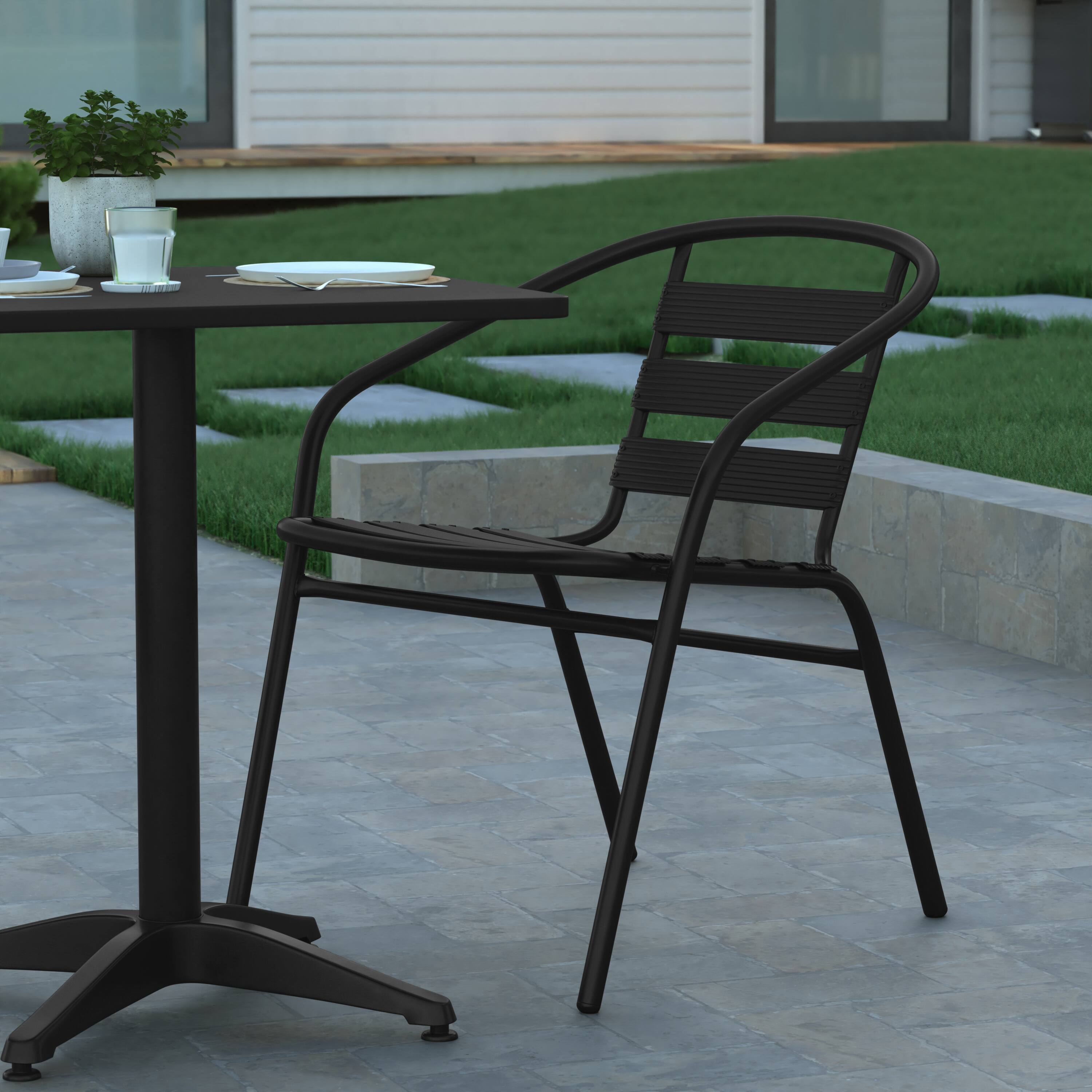 Alt View 5. Emma + Oliver - 27.5'' Square Aluminum Indoor-Outdoor Table Set with 2 Slat Back Chairs - Black.
