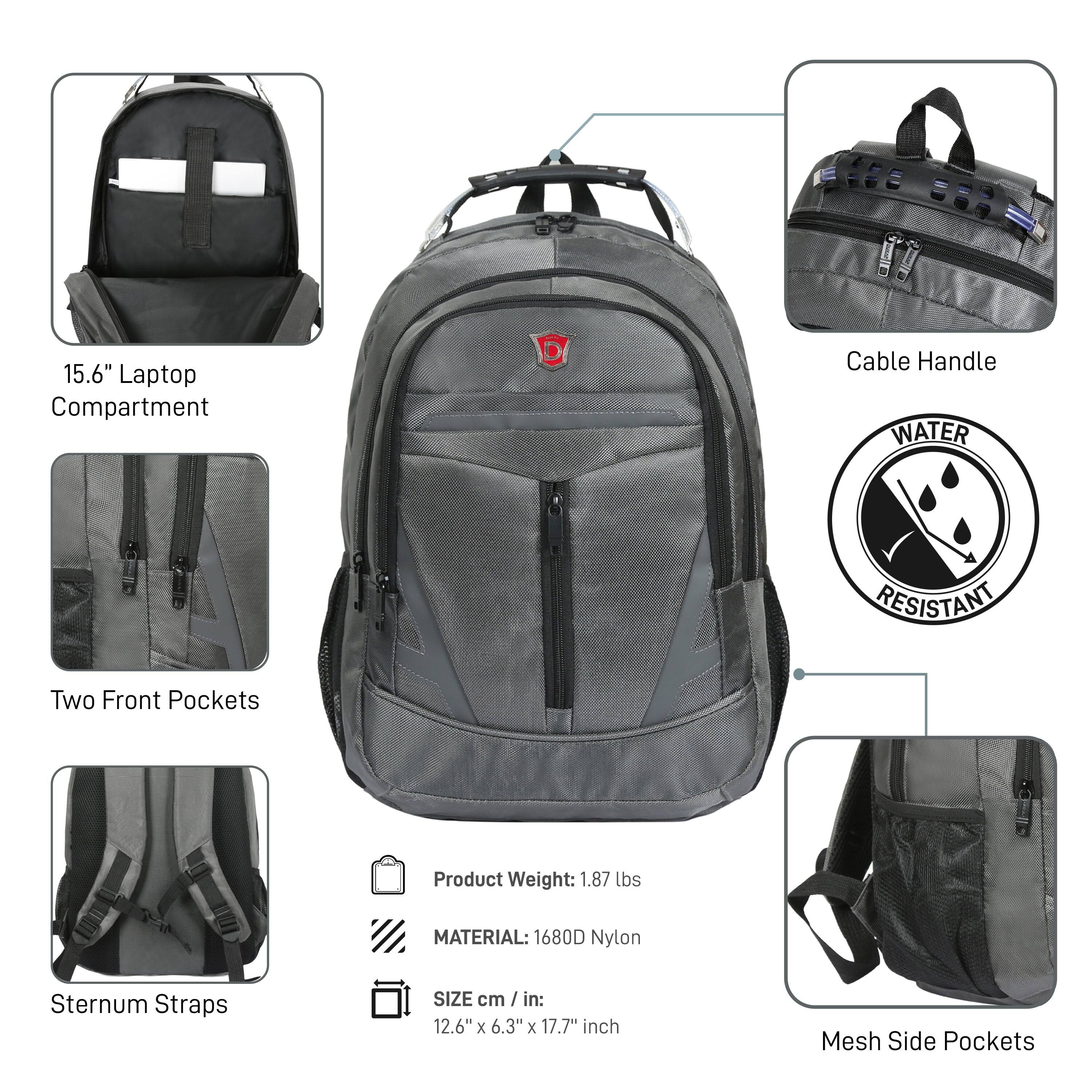 15.6" Laptop Compartment  
Two Front Pockets  
Sternum Straps  
Cable Handle  
Mesh Side Pockets  

WATER RESISTANT  

Product Weight: 1.87 lbs  
MATERIAL: 1680D Nylon  
SIZE cm / in: 12.6" x 6.3" x 17.7" inch