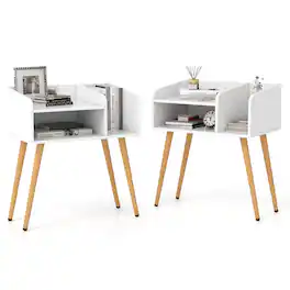 Costway - Set of 2 Mid Century Modern End Table with Open Shelves Metal Support Legs - White/Natural