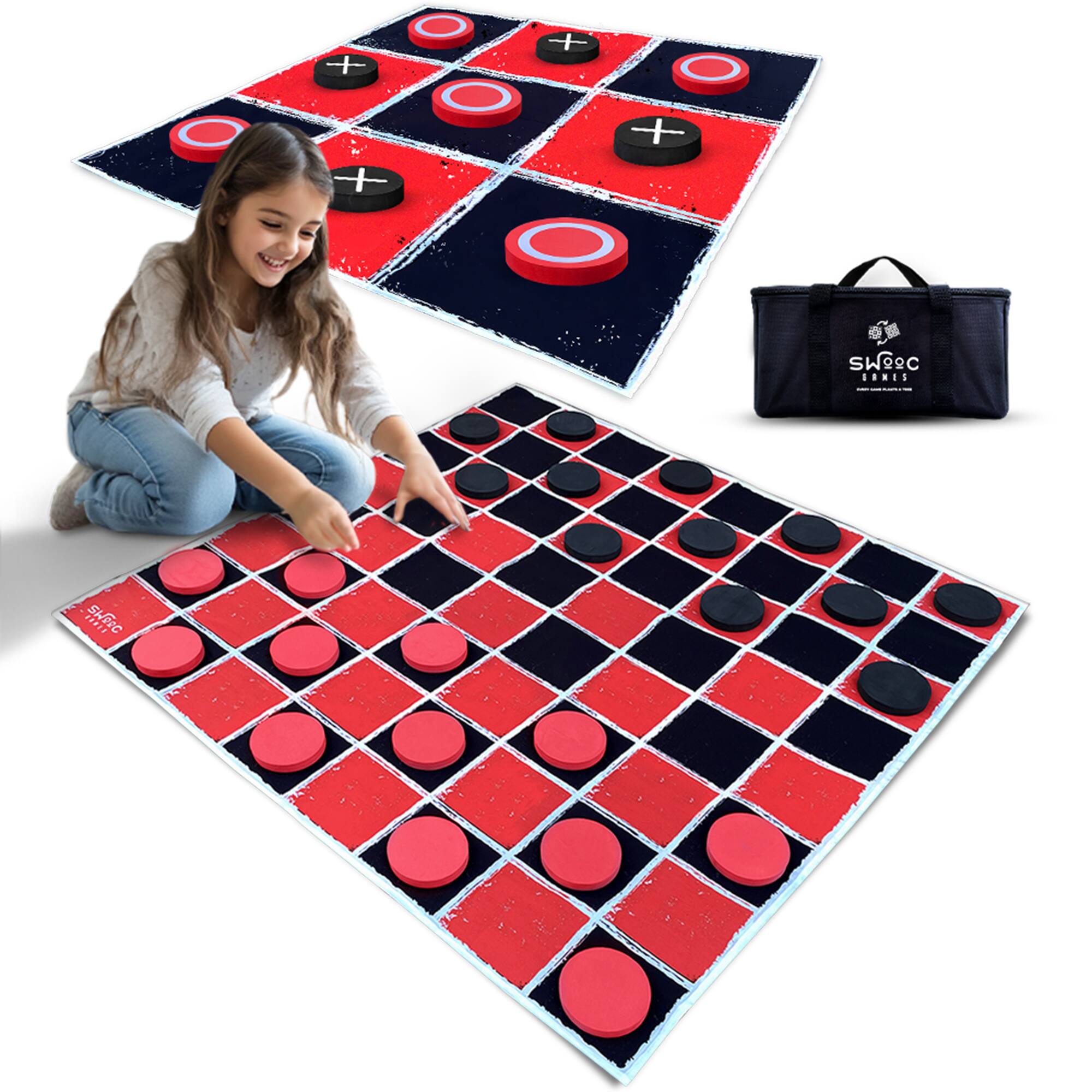 Swooc Games - 2-in-1 Vintage Giant Checkers & Tic Tac Toe Game w/ Mat – 100pct Machine-Washable Canvas w/ Big Foam Discs - Giant Games - Black