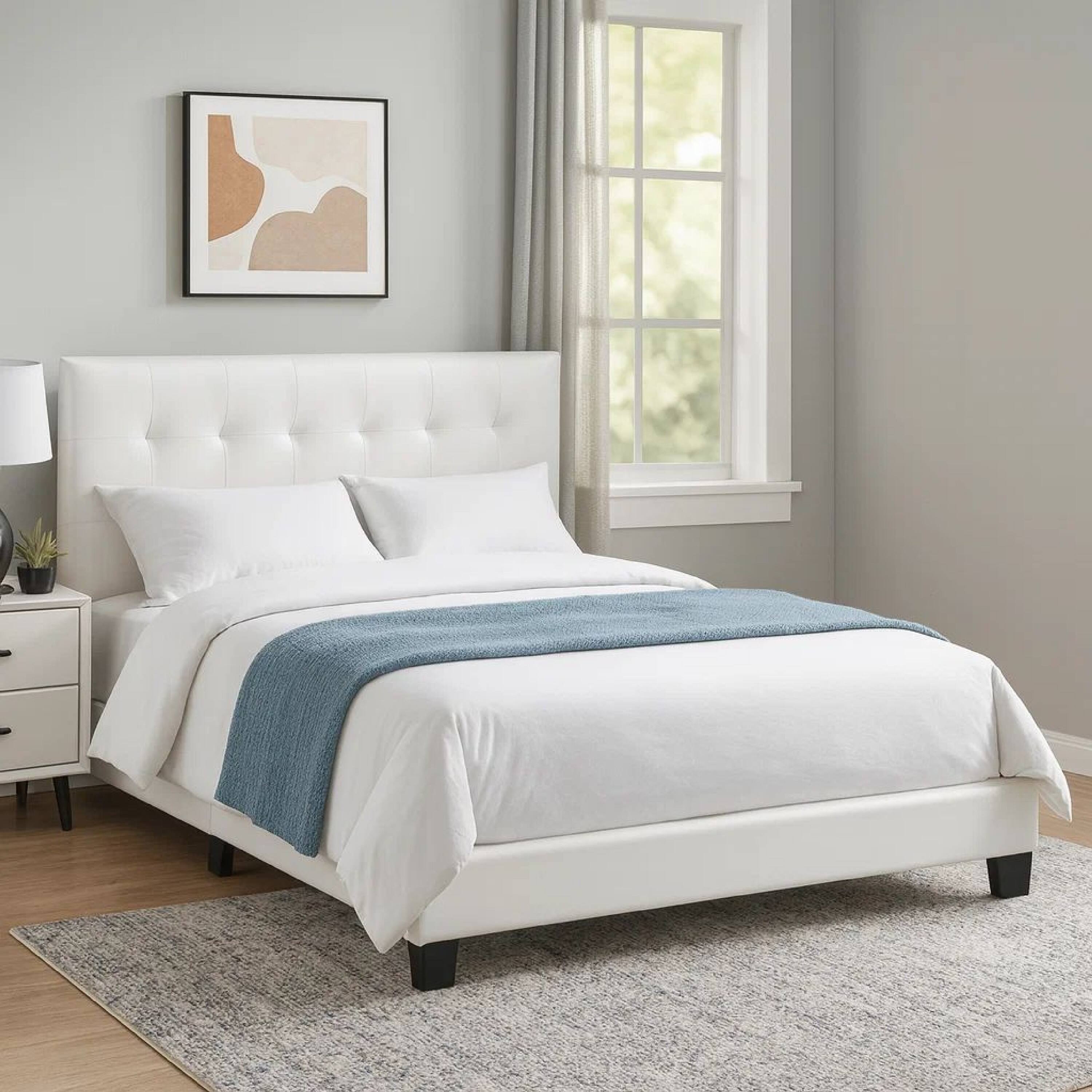 Alt View 5. Manhattan Lane - Full Leatherette Bed with Checkered Tufted Headboard - White.