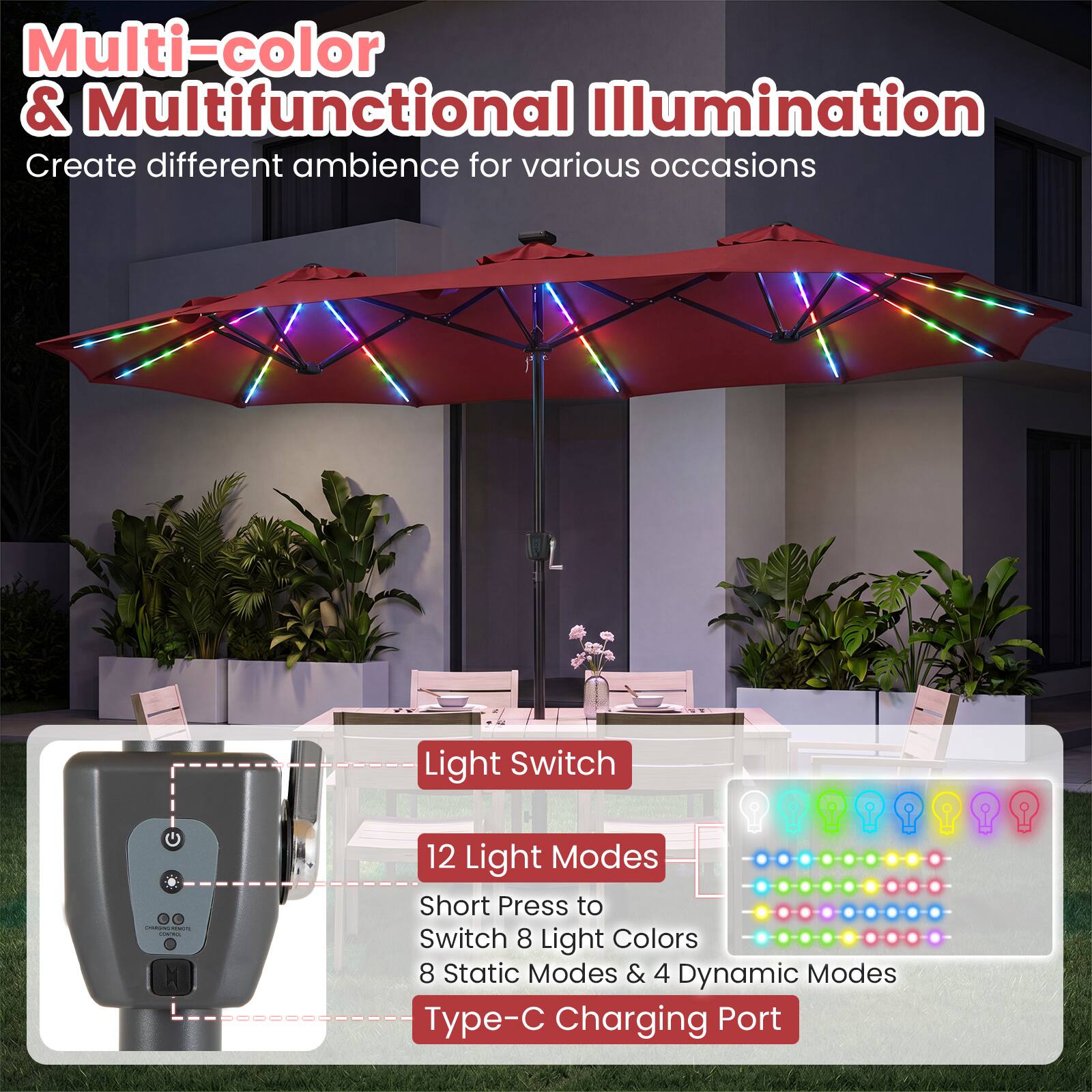 Multi-color & Multifunctional Illumination  
Create different ambience for various occasions  

Light Switch  
CHANNEL CONTROL  
12 Light Modes  
Short Press to Switch 8 Light Colors  
8 Static Modes & 4 Dynamic Modes  
Type-C Charging Port