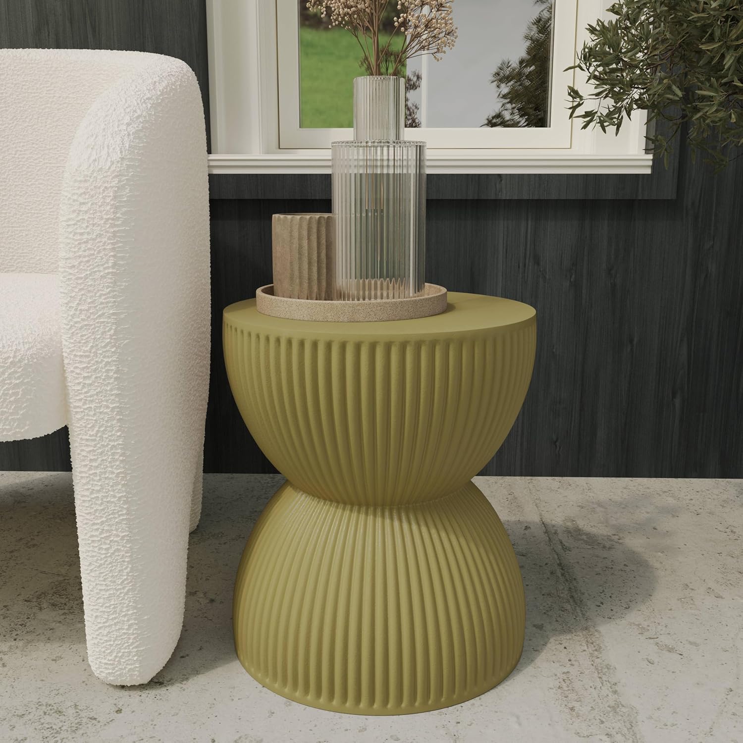 Left. LeisureMod - Spire Modern Ribbed Hourglass Accent Table, Fiberstone Indoor/Outdoor End Table & Plant Stand, Fully Assembled - Olive Yellow.