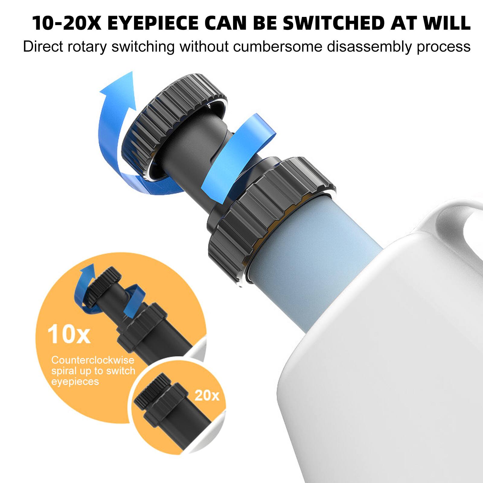 10-20X EYEPIECE CAN BE SWITCHED AT WILL  
Direct rotary switching without cumbersome disassembly process  

10x  
Counterclockwise spiral up to switch eyepieces  

20x