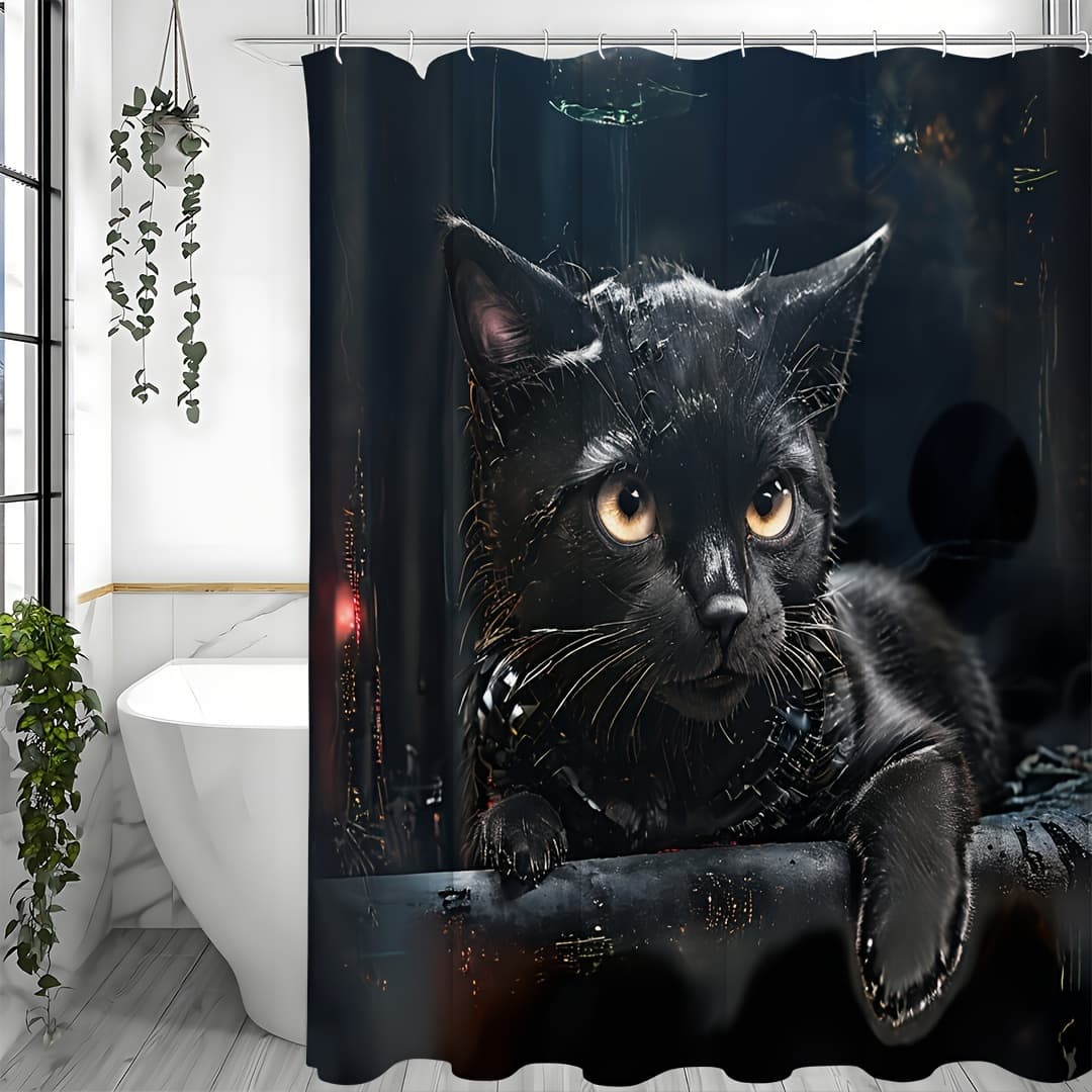 blue - 1pcs Cute Cat Shower Curtain, Waterproof Shower Curtain With 12 Hooks, Bathroom Decor, Shower Curtain Sets - black200*180cm