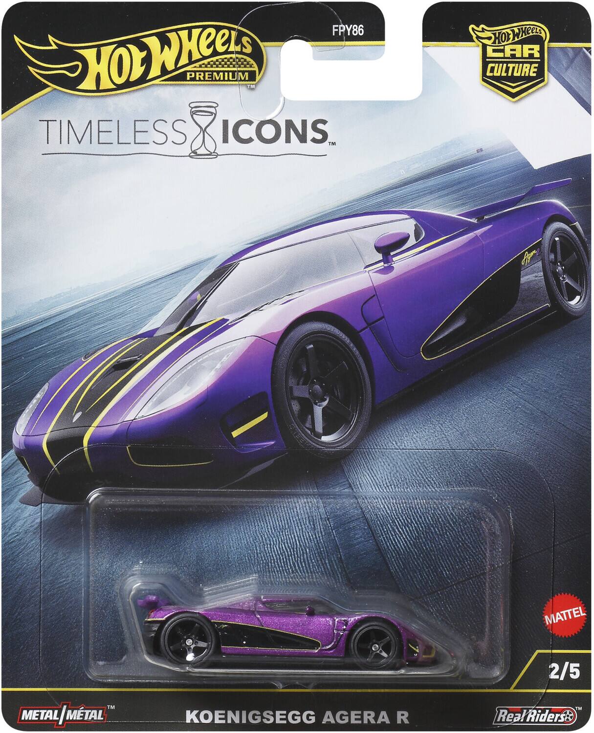 Sure, here is the corrected and grouped text from the image:

---

**Hot Wheels Premium**

**TIMELESS ICONS**

**CAR CULTURE**

**FPY86**

**KOENIGSEGG AGERA R**

**2/5**

**METAL/METAL**

**Real Riders**

**MATTEL**

---