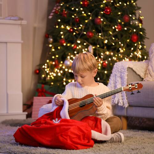 Alt View 1. Winado - Electric Acoustic Bass Ukulele, 30 inch Mahogany Ukelele with EQ, Professional E-A-D-G Ideal for Performances - Natural Wood Color.
