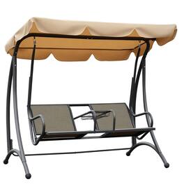 Outsunny - 2-Seat Patio Swing Chair, Outdoor Porch Swing Glider with Adjustable Canopy, Cup Holders and Storage Tray - Brown