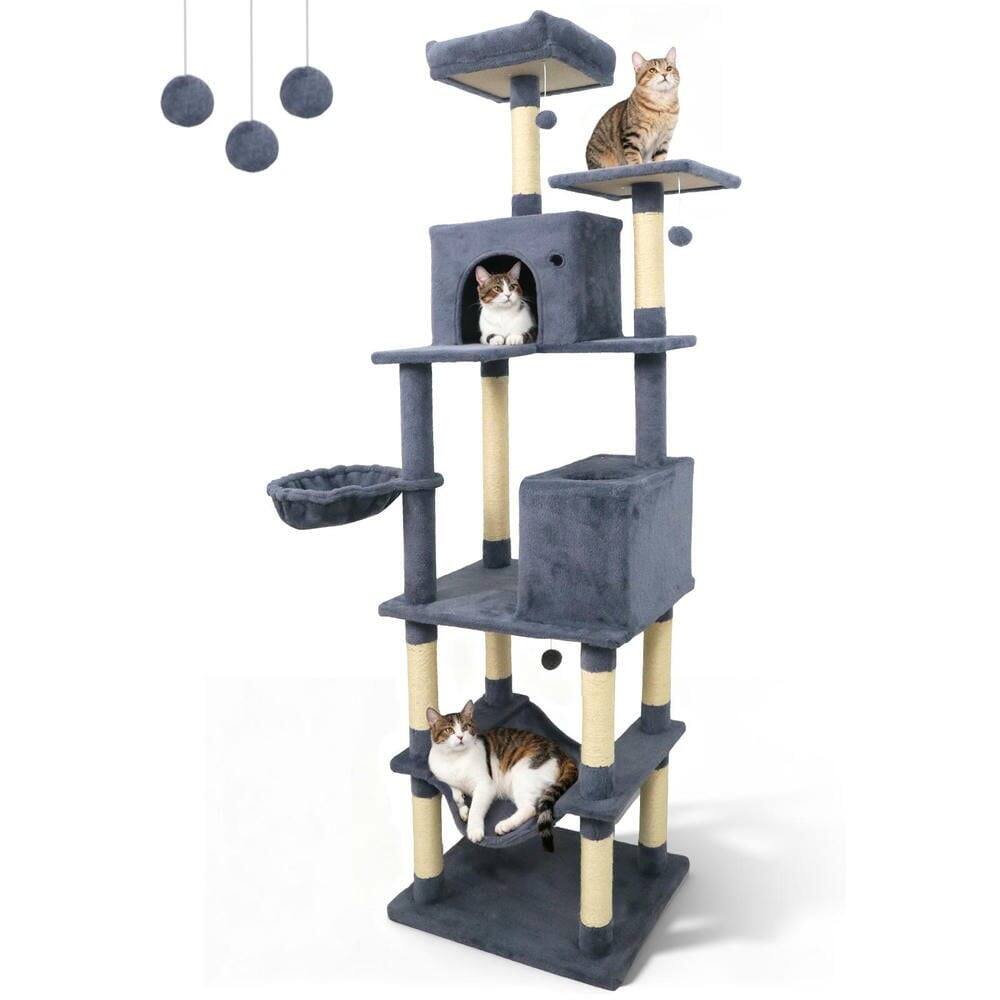 Alt View 1. Kadyn - 80-Inch Tall Large Cat Tree with Two Big Condos and Hanging Toys, Dark Gray - Gray.