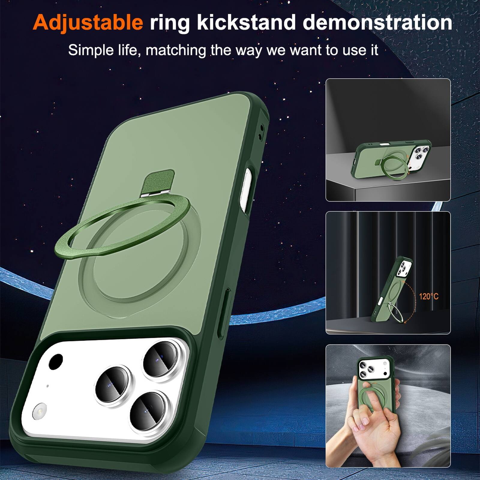 Adjustable ring kickstand demonstration  
Simple life, matching the way we want to use it  
120°