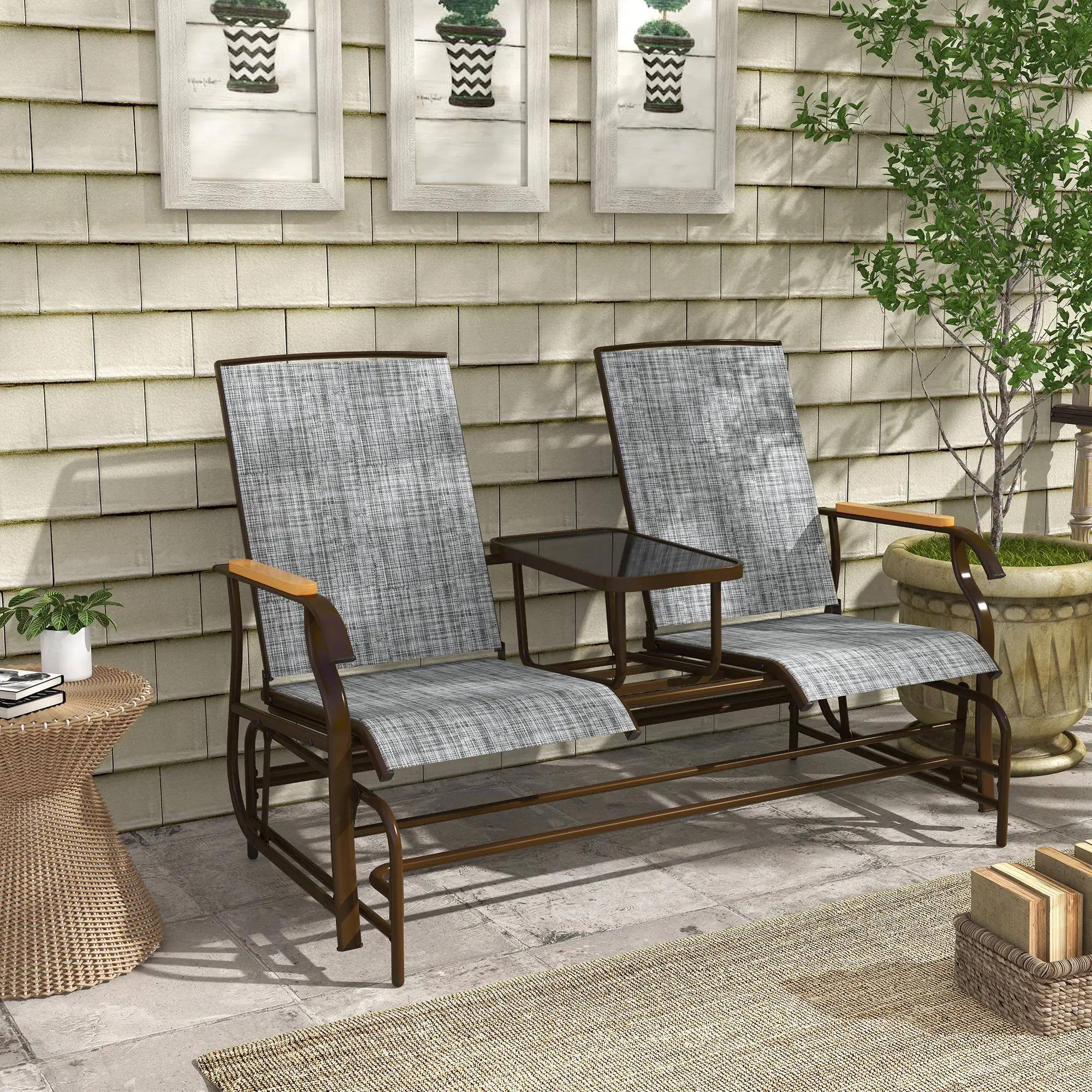 Left. Resenkos - Resenkos 2-Person Swing Bench, Outdoor Glider Loveseat with Table, Steel Frame, Perfect for Patio Relaxation,Gray - Gray.