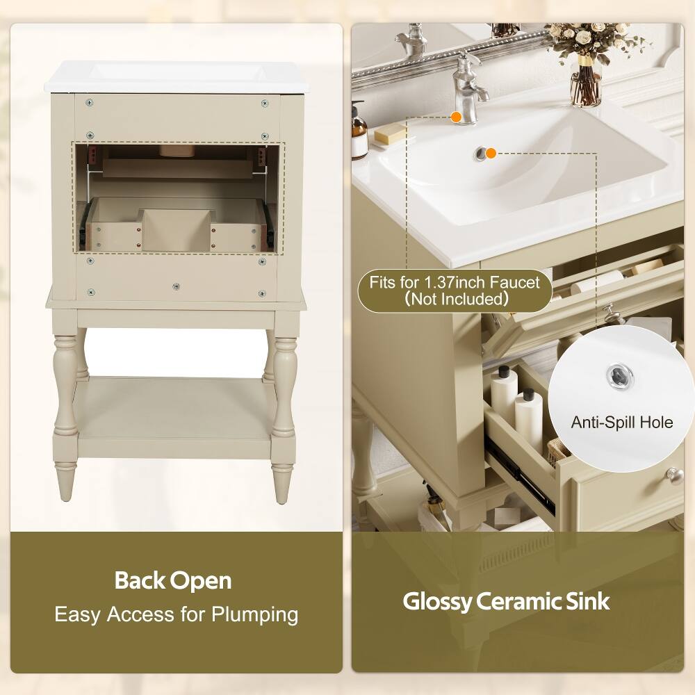 Fits for 1.37 inch Faucet (Not Included)  
Anti-Spill Hole  
Back Open Easy Access for Plumbing  
Glossy Ceramic Sink