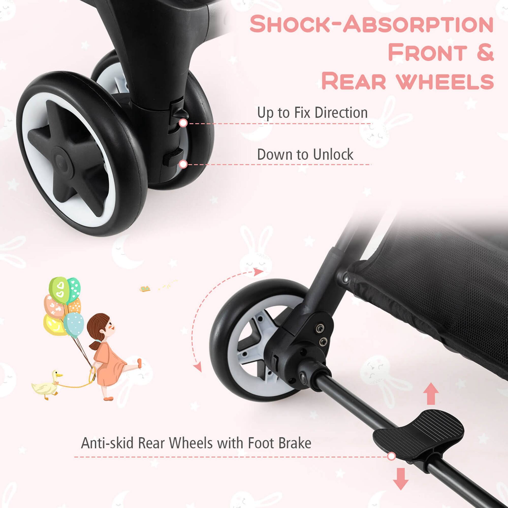 SHOCK-ABSORPTION FRONT & REAR WHEELS
Anti-skid Rear Wheels with Foot Brake