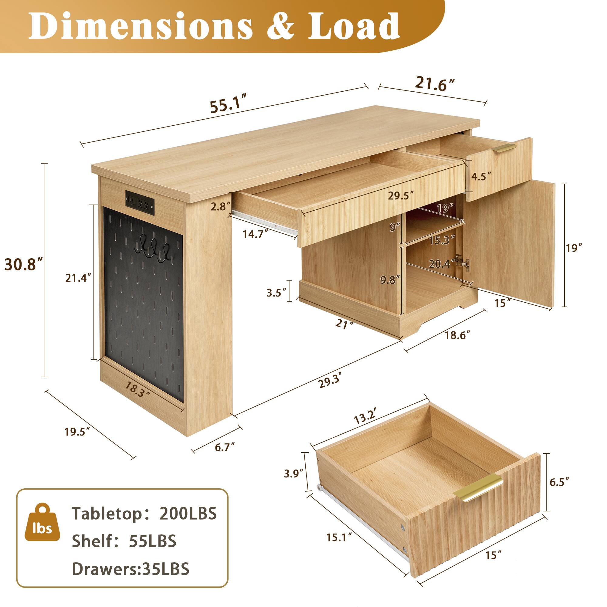 Dimensions & Load

- Tabletop: 200LBS
- Shelf: 55LBS
- Drawers: 35LBS

Dimensions:
- 55.1" (length)
- 21.6" (depth)
- 30.8" (height)
- 21.4" (height of oven)
- 2.8" (height of drawer)
- 14.7" (height of shelf)
- 3.5" (height of drawer)
- 21" (width of drawer)
- 4.5" (depth of drawer)
- 29.5" (width of shelf)
- 19" (depth of shelf)
- 97" (height of shelf)
- 15.3" (width of drawer)
- 20.4" (depth of shelf)
- 9.8" (height of shelf)
- 15" (width of drawer)
- 18.6" (depth of drawer)
- 19" (depth of drawer)
- 19.5" (height of oven)
- 18.3" (width of oven)
