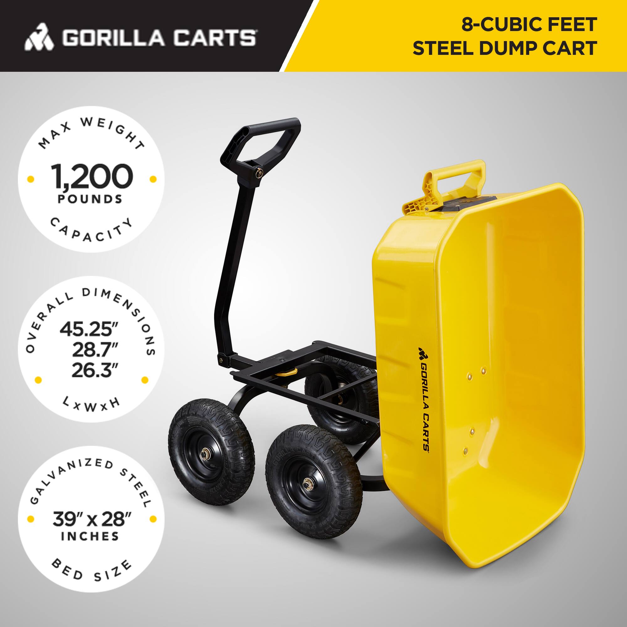 GORILLA CARTS  
8-CUBIC FEET STEEL DUMP CART  

MAX WEIGHT  
1,200 POUNDS CAPACITY  

OVERALL DIMENSIONS  
45.25" x 28.7" x 26.3"  

GALVANIZED STEEL  
39" x 28" INCHES BED SIZE