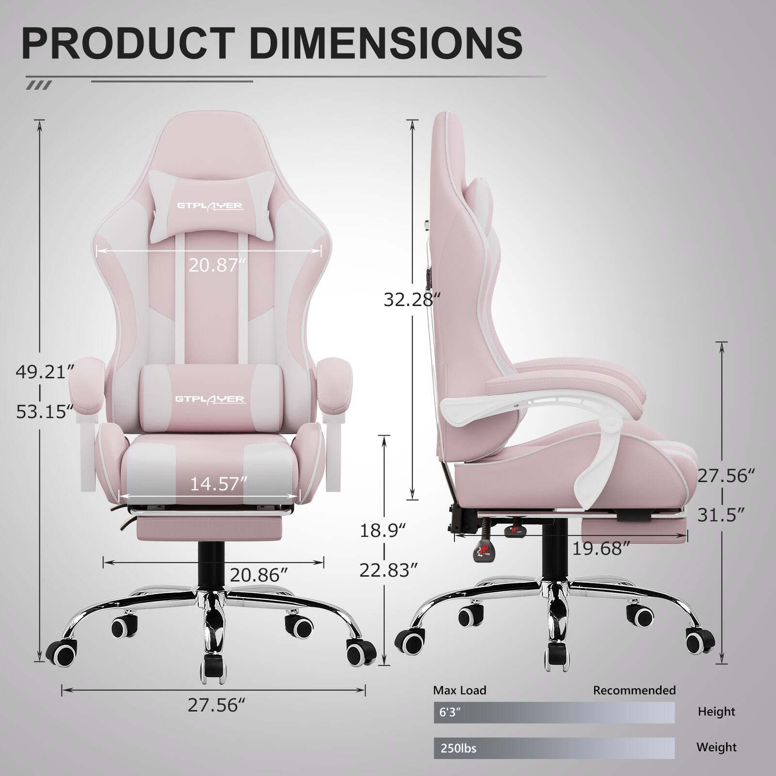 PRODUCT DIMENSIONS

- Width: 20.87"
- Depth: 32.28"
- Height: 49.21"
- Seat Height: 14.57"
- Seat Width: 20.86"
- Seat Depth: 18.9"
- Armrest Height: 22.83"
- Armrest Width: 19.68"
- Base Width: 27.56"
- Base Height: 31.5"
- Back Height: 53.15"

Max Load: 6'3"
Recommended Weight: 250lbs
