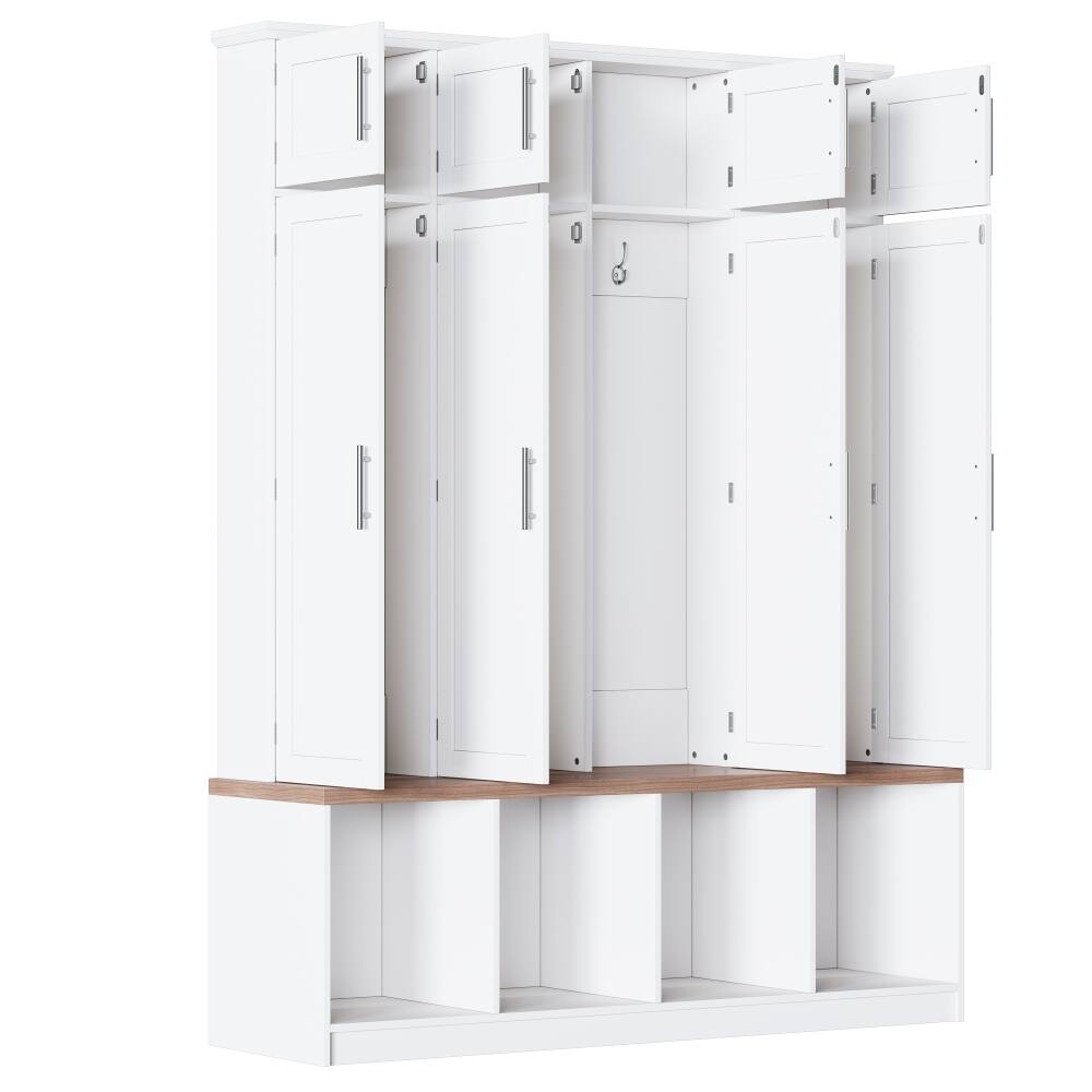 Alt View 7. Loheer - Loheer Farmhouse Hall Tree with Bench, White Entryway Shoe Cabinet, Tall Organizer - White.