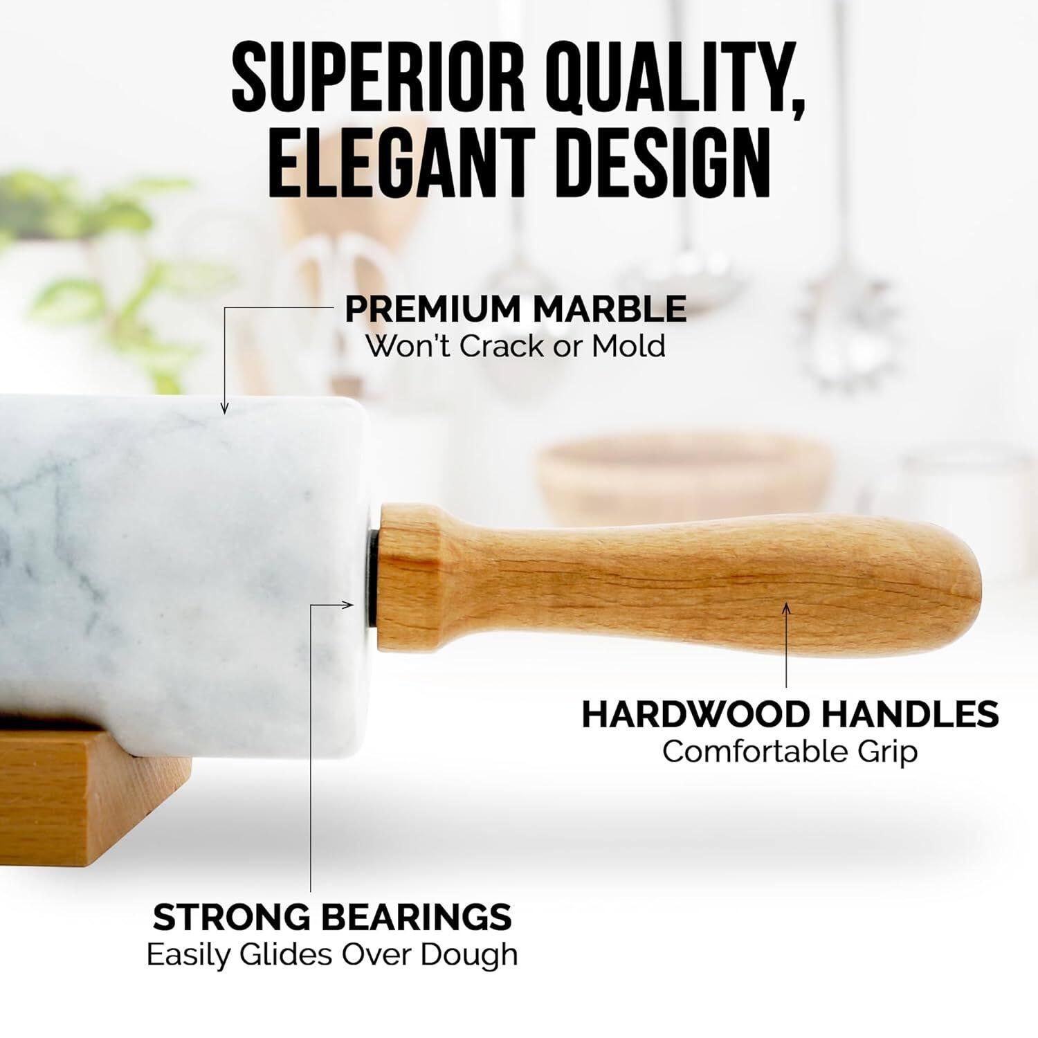 SUPERIOR QUALITY, ELEGANT DESIGN

PREMIUM MARBLE
Won't Crack or Mold

HARDWOOD HANDLES
Comfortable Grip

STRONG BEARINGS
Easily Glides Over Dough