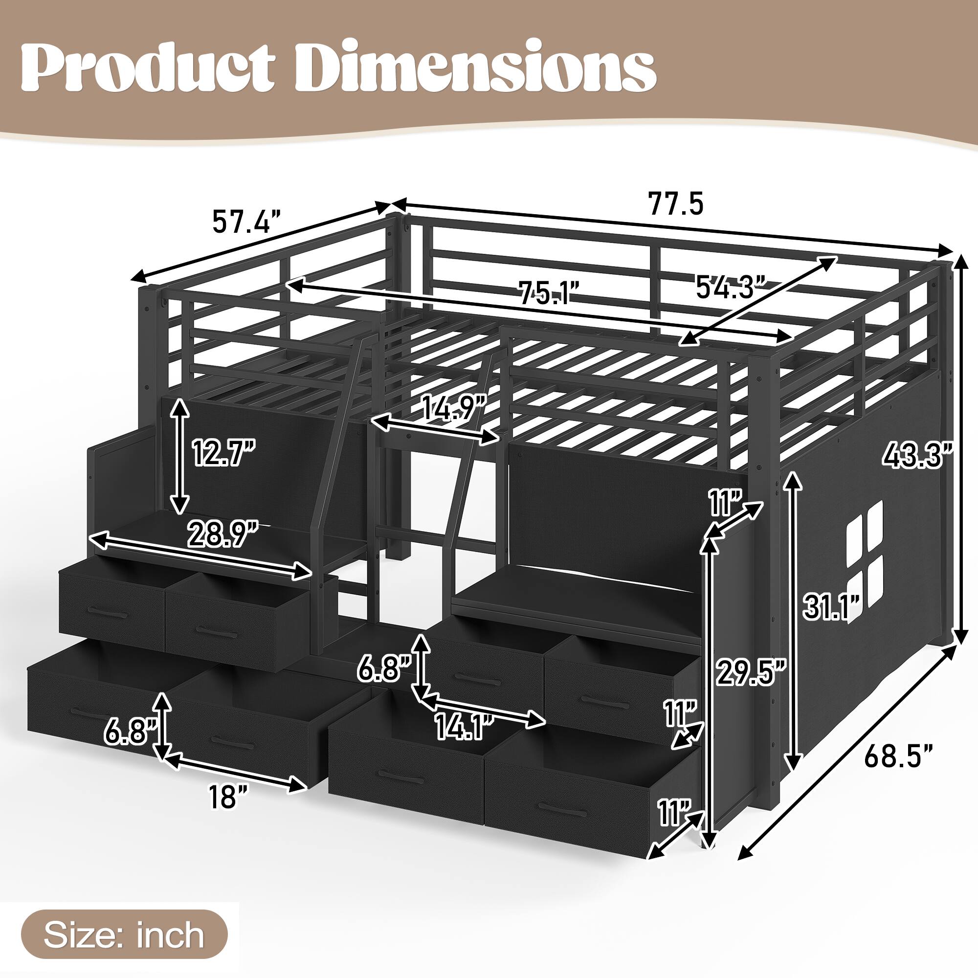 Product Dimensions: 57.4" x 77.5" x 75.1" x 54.3" x 12.7" x 28.9" x 14.9" x 11" x 43.3" x 6.8" x 18" x 6.8" x 14.1" x 31.1" x 29.5" x 11" x 68.5"  
Size: inch