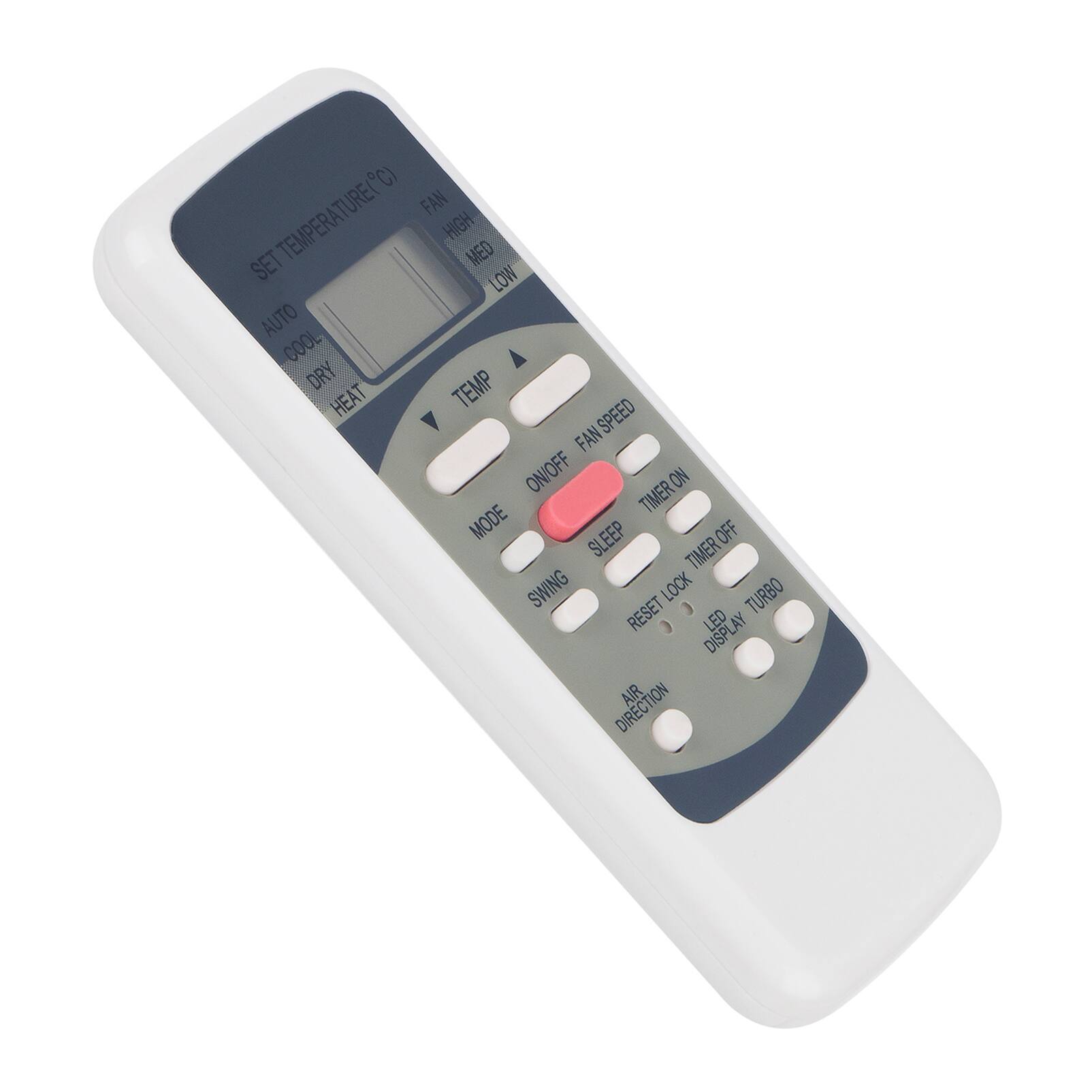 C) URE FAN TEMPERATURE (HIGH MED SET LOW AUTO COOL DRY TEMP HEAT SPEED FAN ON/OFF ON TIMER MODE SLEEP OFF TIMER OFF SWING LOCK TURBO RESET LED DISPLAY DIRECTION AIR TION

Corrected text based on the image:

- SET TEMPERATURE (°C)
- FAN (HIGH MED SET LOW AUTO)
- COOL DRY HEAT
- FAN SPEED (OFF FAN SPEED)
- TIMER ON TIMER OFF
- MODE
- ON/OFF
- SLEEP
- SWING
- RESET LOCK TIMER
- LED DISPLAY
- TURBO
- AIR DIRECTION