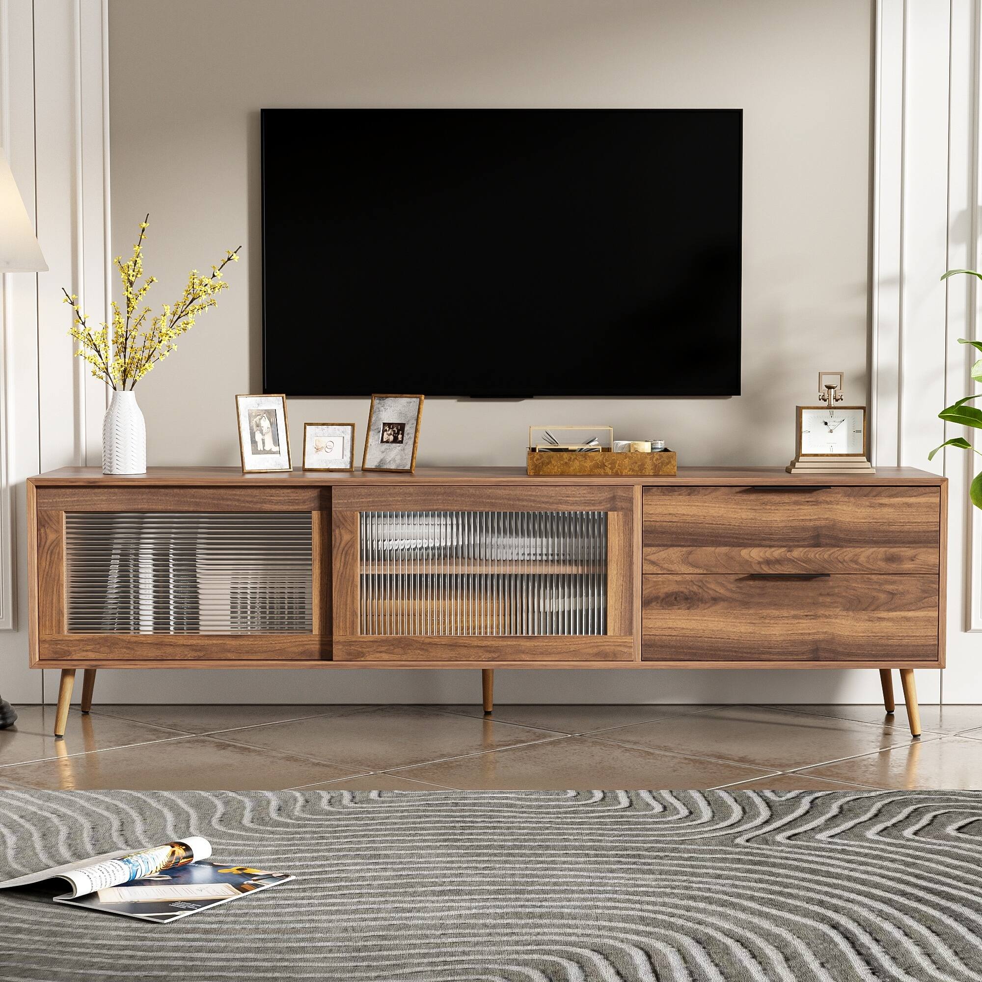 Angle. MERAVOM - Modern TV Stand for TVs Up to 80", TV Console with 2 Glass Doors, Entertainment Center with 2 Drawers & Storage Cabinet - Walnut.