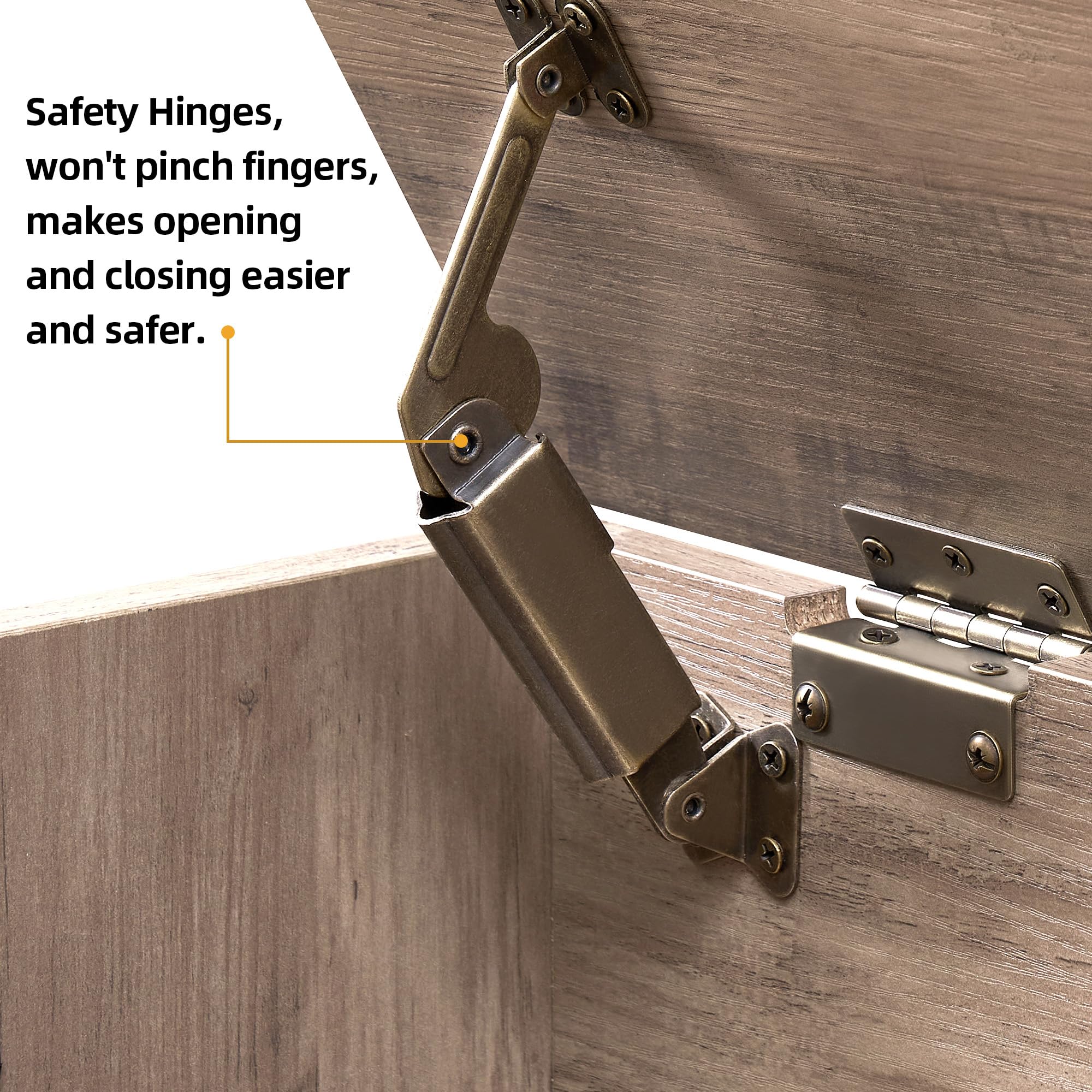 Safety Hinges, won't pinch fingers, makes opening and closing easier and safer.