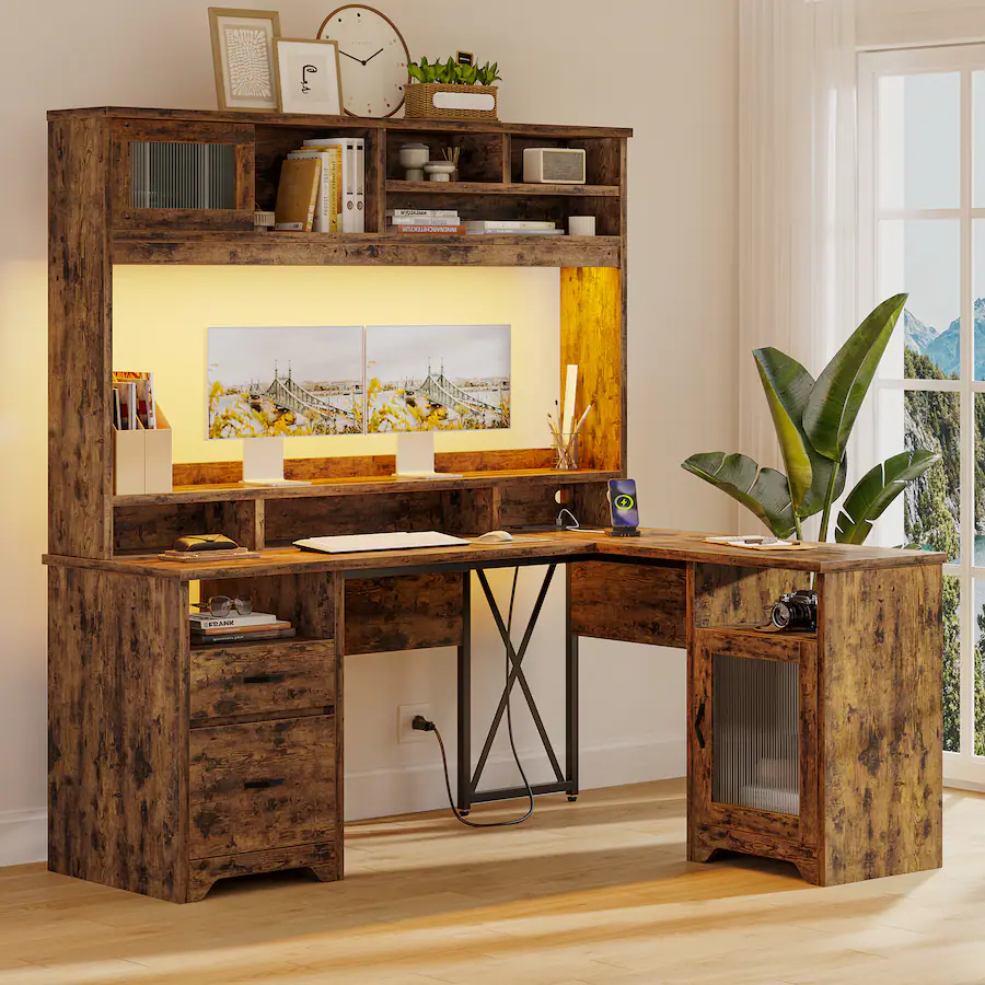 Bestier 63 inch Hutch L Shaped Desk with Monitor Stand & Drawers, LED ...