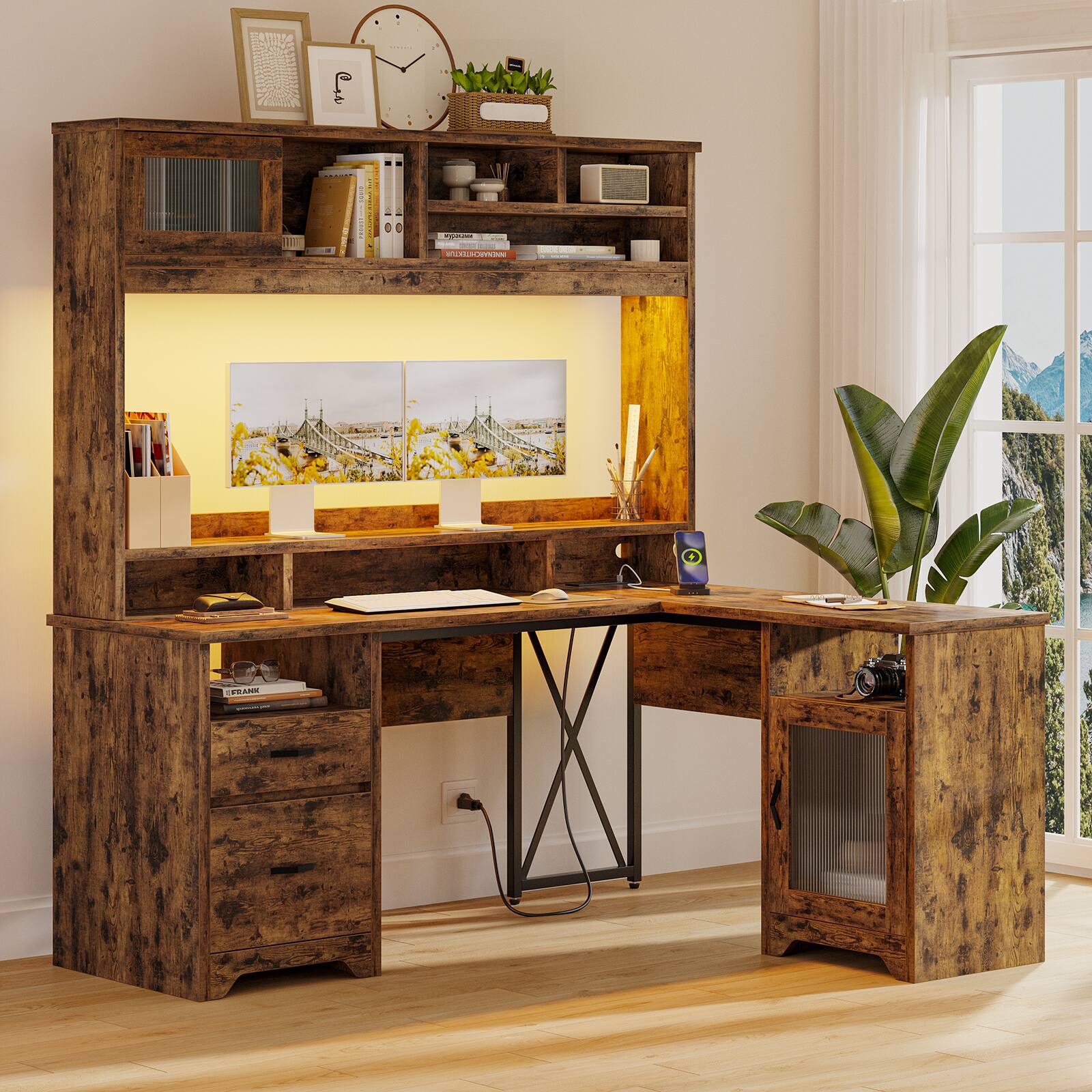 Left. Bestier - 63-inch Hutch L Shaped Desk with Monitor Stand & Drawers, LED Computer Desk with Charging Station & Cabinet - Rustic Brown.