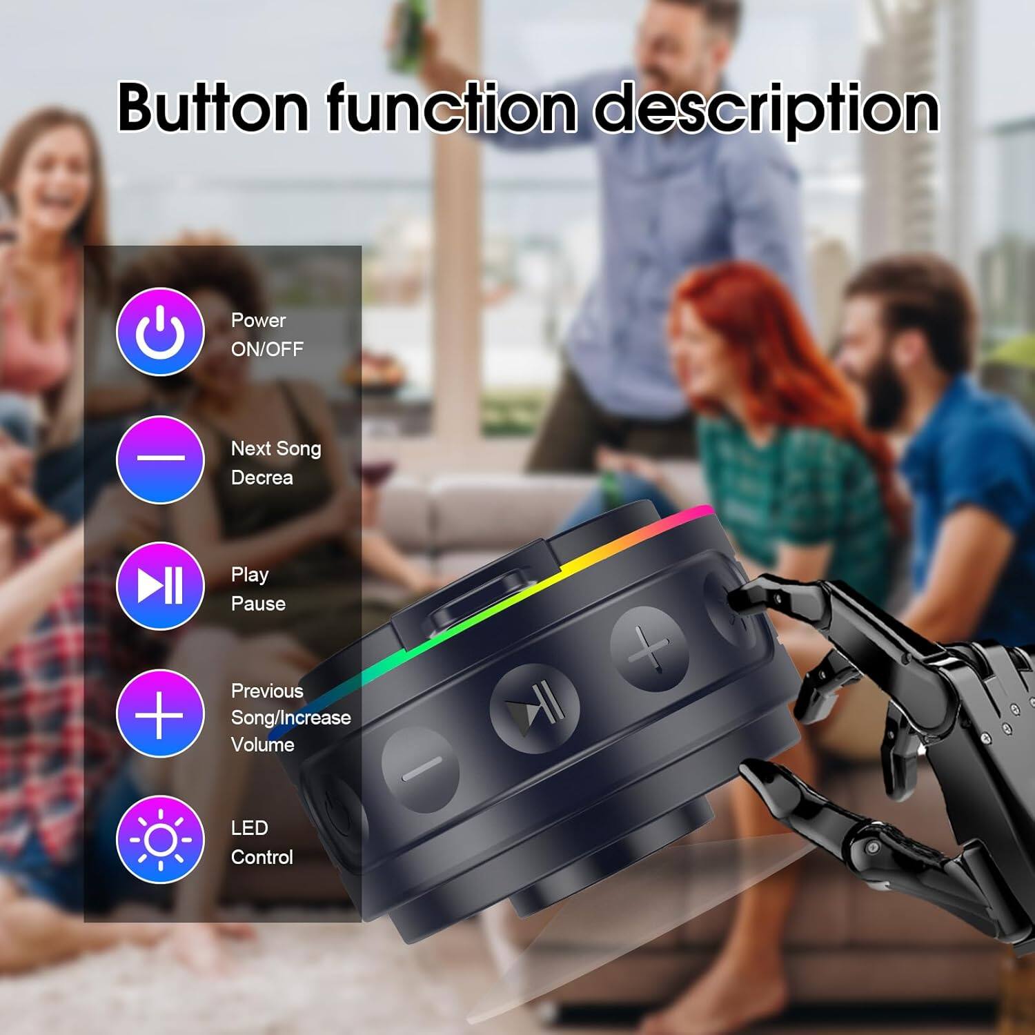 Button function description

- Power ON/OFF
- Next Song Decrease
- Play Pause
- Previous Song/Increase Volume
- LED Control