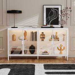Famapy - Modern Glass Door Display Cabinet with LED Lighting Metal Frame Tempered GlassStorage Shelves for Living Room - White