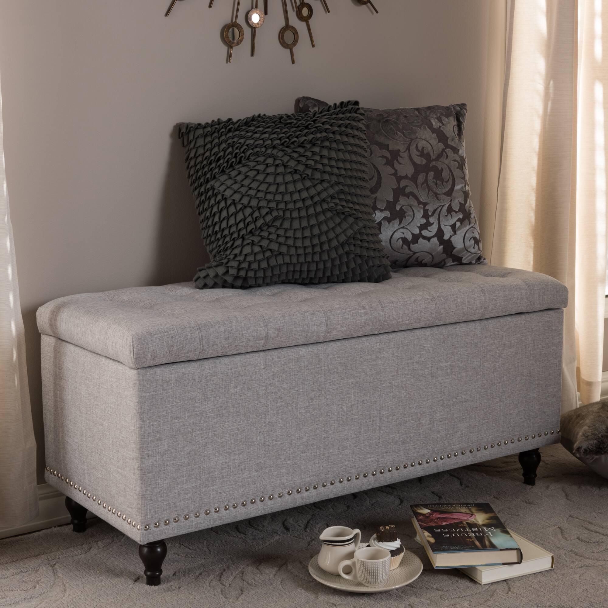 Alt View 4. Baxton Studio - Kaylee Modern Classic Fabric Upholstered Button-Tufting Storage Ottoman Bench - Grayish Beige.