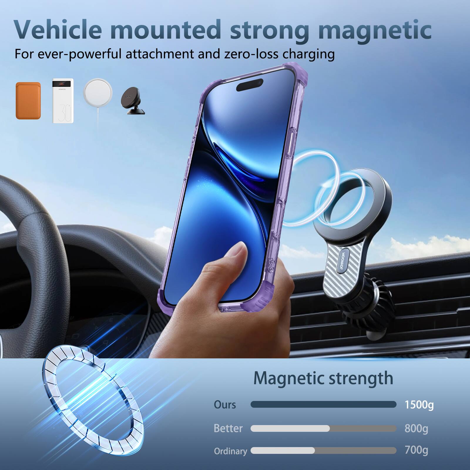 Vehicle mounted strong magnetic  
For ever-powerful attachment and zero-loss charging  

Magnetic strength  
Ours 1500g  
Better 800g  
Ordinary 700g