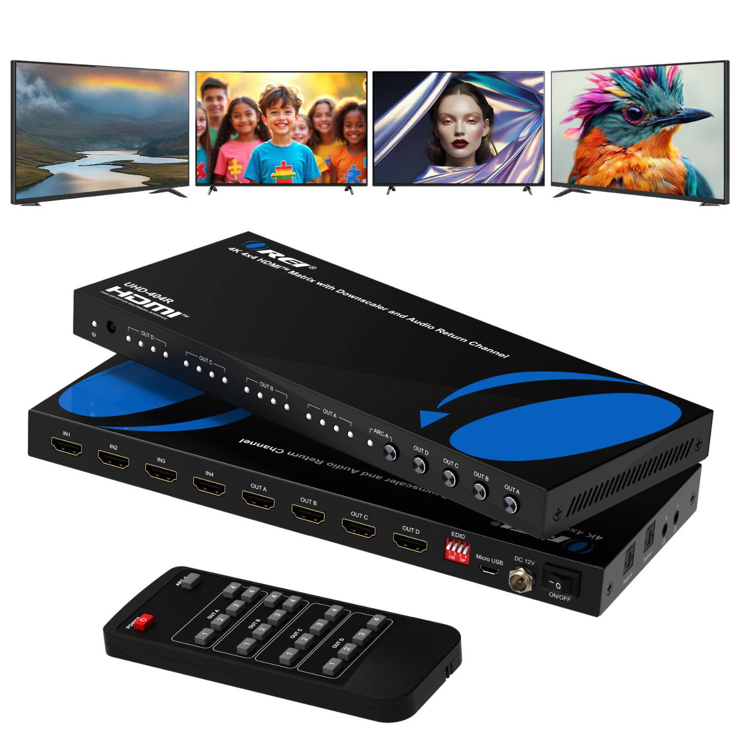 HDMI UHD ADAPTOR - Supports 4K HDR and Audio Return Channel  
- 1x HDMI IN  
- 4x HDMI OUT (OUT A, OUT B, OUT C, OUT D)  
- ARC (Audio Return Channel)  
- USB (Micro USB)  
- DC 12V  
- ON/OFF  
- EDID  
- Supports HDMI 2.0, HDCP 2.2  
- Supports 4K@60Hz, HDR10, HLG  
- Supports ARC  
- Supports USB Audio  
- Supports HDMI CEC  
- Supports HDMI 1.4  
- Supports HDMI 1.3  
- Supports HDMI 1.2  
- Supports HDMI 1.1  
- Supports HDMI 1.0  
- Supports HDMI 1.4a  
- Supports HDMI 1.4b  
- Supports HDMI 1.4c  
- Supports HDMI 1.4d  
- Supports HDMI 1.4e  
- Supports HDMI 1.4f  
- Supports HDMI 1.4g  
- Supports HDMI 1.4h  
- Supports HDMI 1.4i  
- Supports HDMI 1.4j  
- Supports HDMI