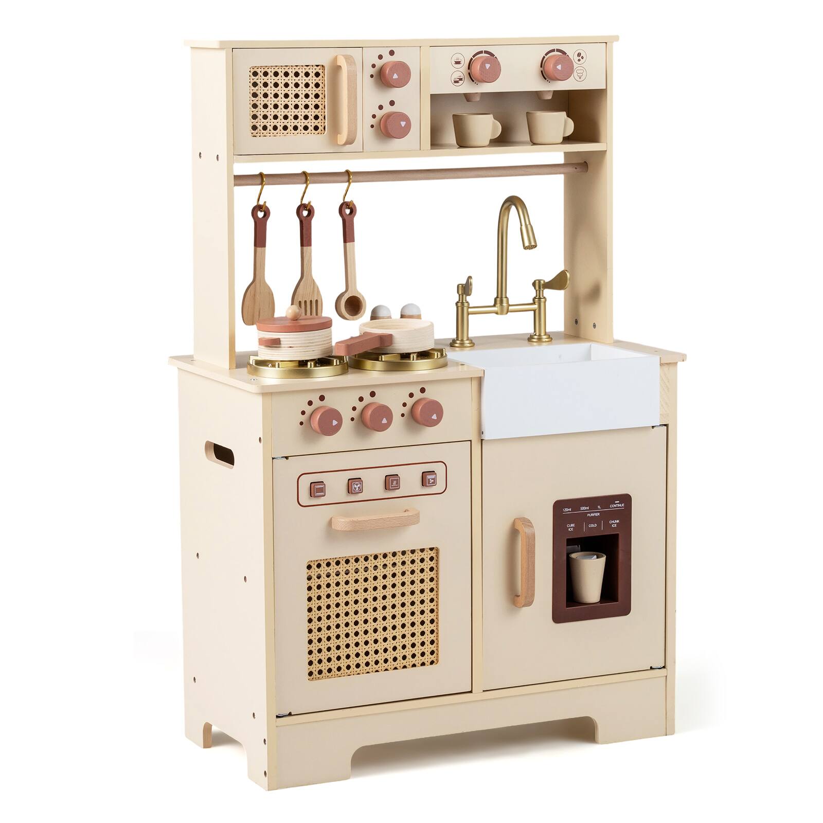 Costway - Kids Play Kitchen, Wooden Pretend Kitchen Playset with Rattan Doors, Stoves - Yellow