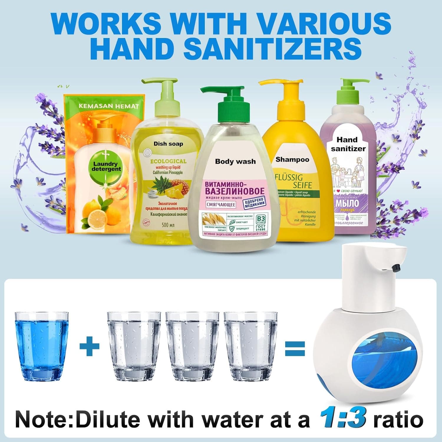 WORKS WITH VARIOUS HAND SANITIZERS

- Laundry detergent
- Dish soap
- Sanitizer
- ECOLOGICAL Body wash
- Shampoo

Note: Dilute with water at a 1:3 ratio