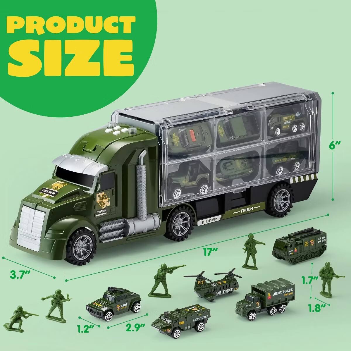 PRODUCT SIZE  
- MUA 6"  
- EBTRRY 2 mUri MUTHRY TRUCH 17"  
- AB a. F AL 3.7"  
- LIERT P 1.2"  
- AEMT 2.9"  
- 10 F-31 ARNT  
- PRRCE AB FORCE 1.7"  
- ARMY FORCE a - 1.8"