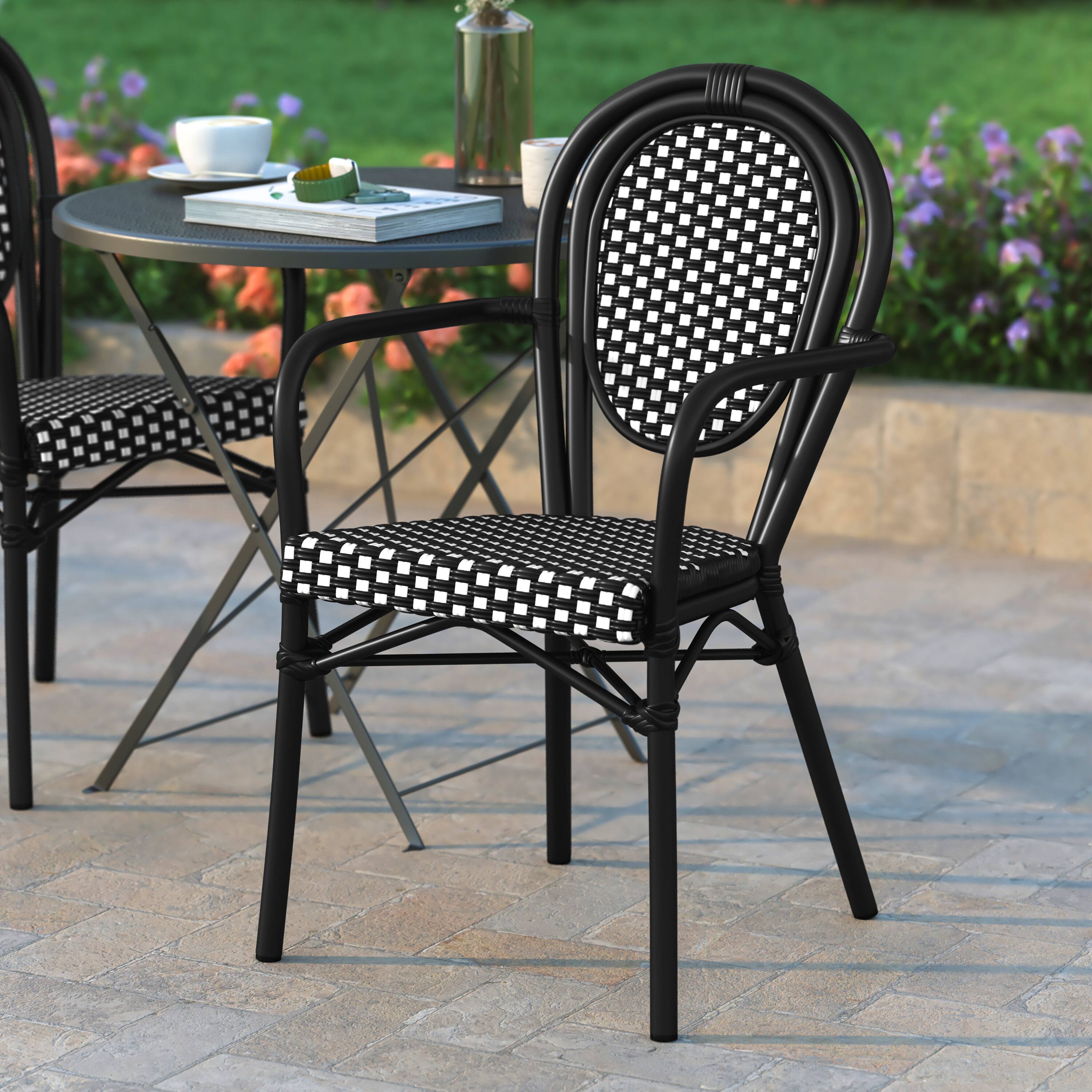 Alt View 4. Emma + Oliver - 2 Pack Stacking Bistro Chair with Metal Frame & PE Seat - Navy & White/Natural Frame.