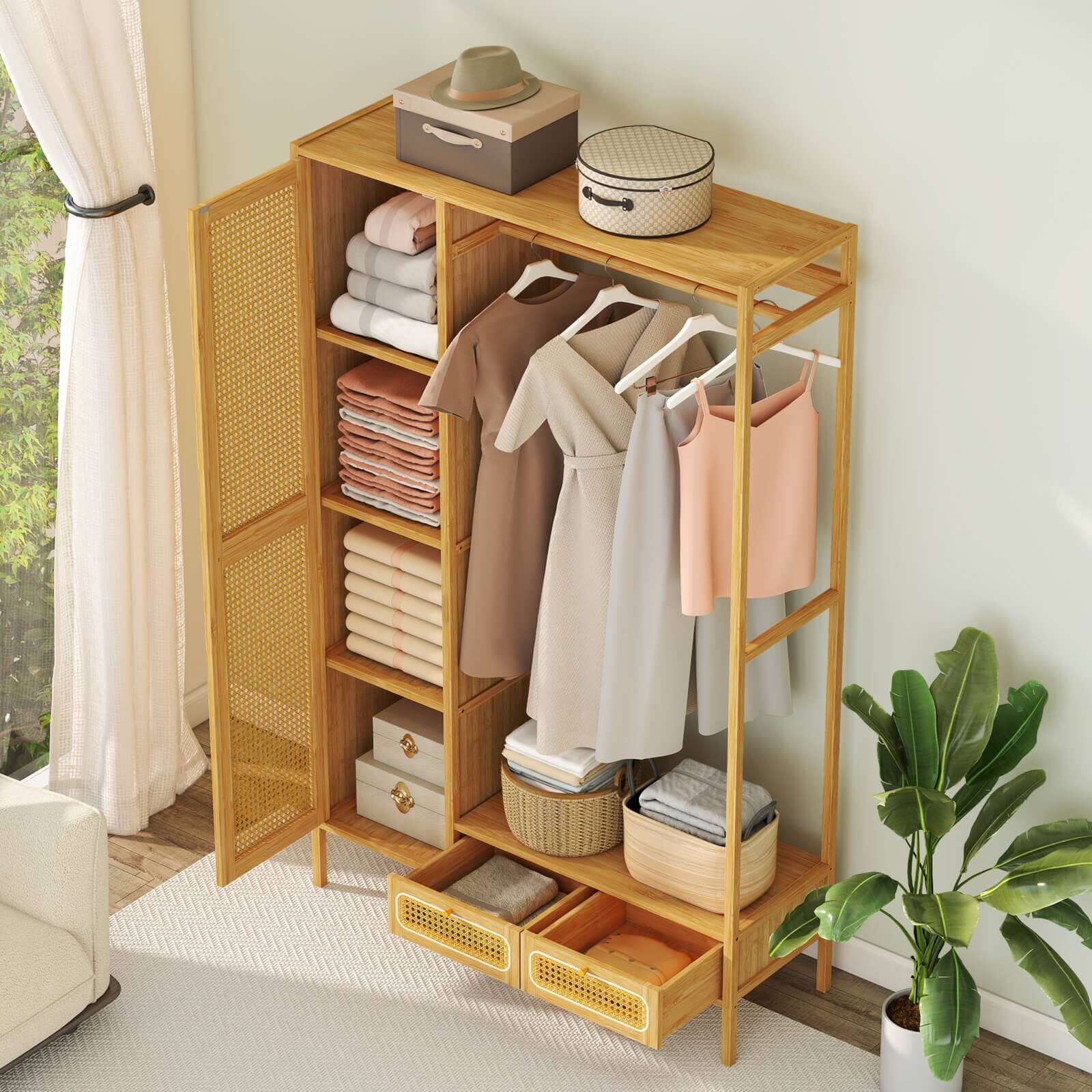 Alt View 3. Costway - Costway Bamboo Clothing Rack with Cabinet Hanging Rod Storage Shelf & Drawers for Foyer - Natural.