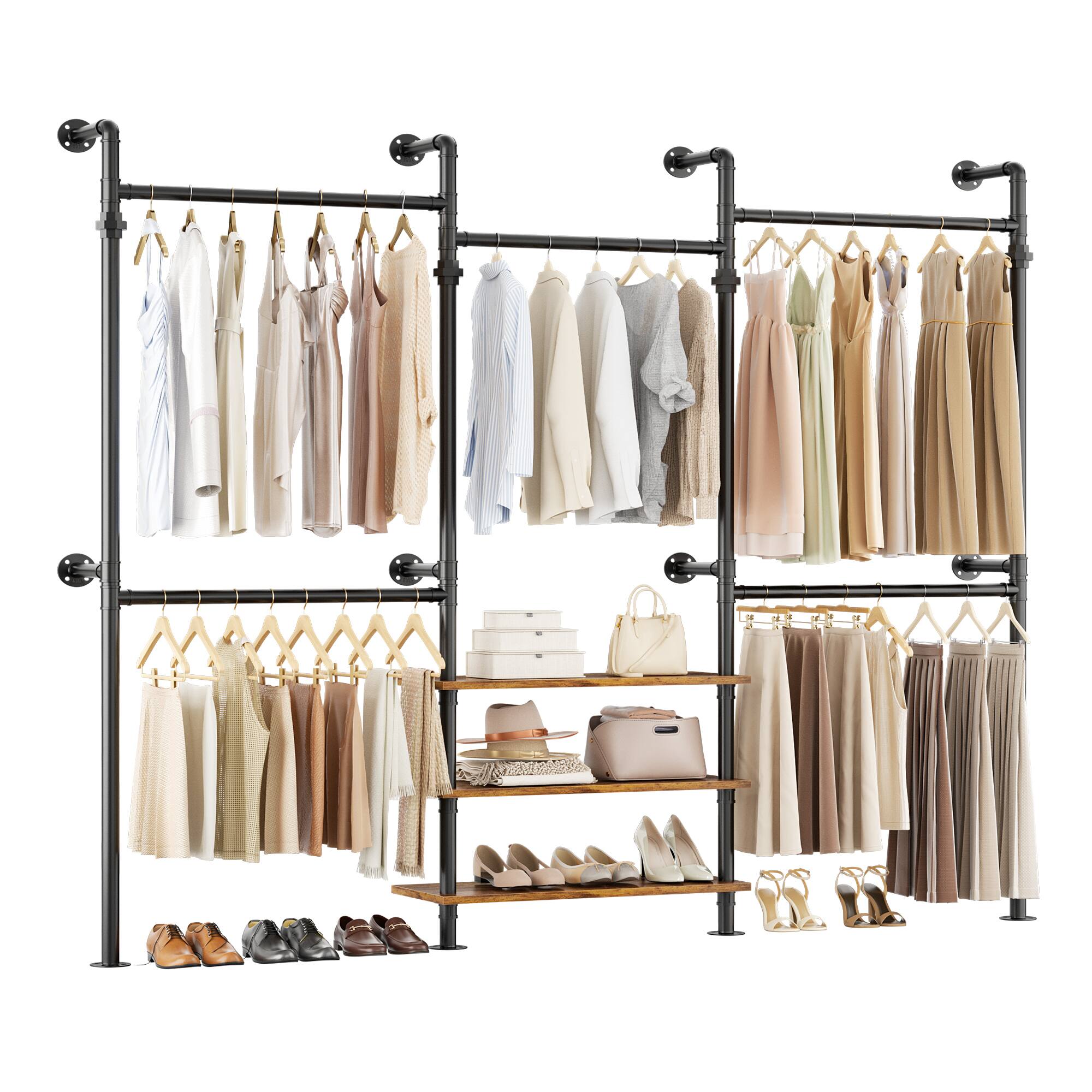 Alt View 4. Aheaplus - Adjustable Wall-Mounted Metal Clothing Rack: 3-Tier Wood Shelves, 84"-128", 1000LB Capacity - Rustic Brown.