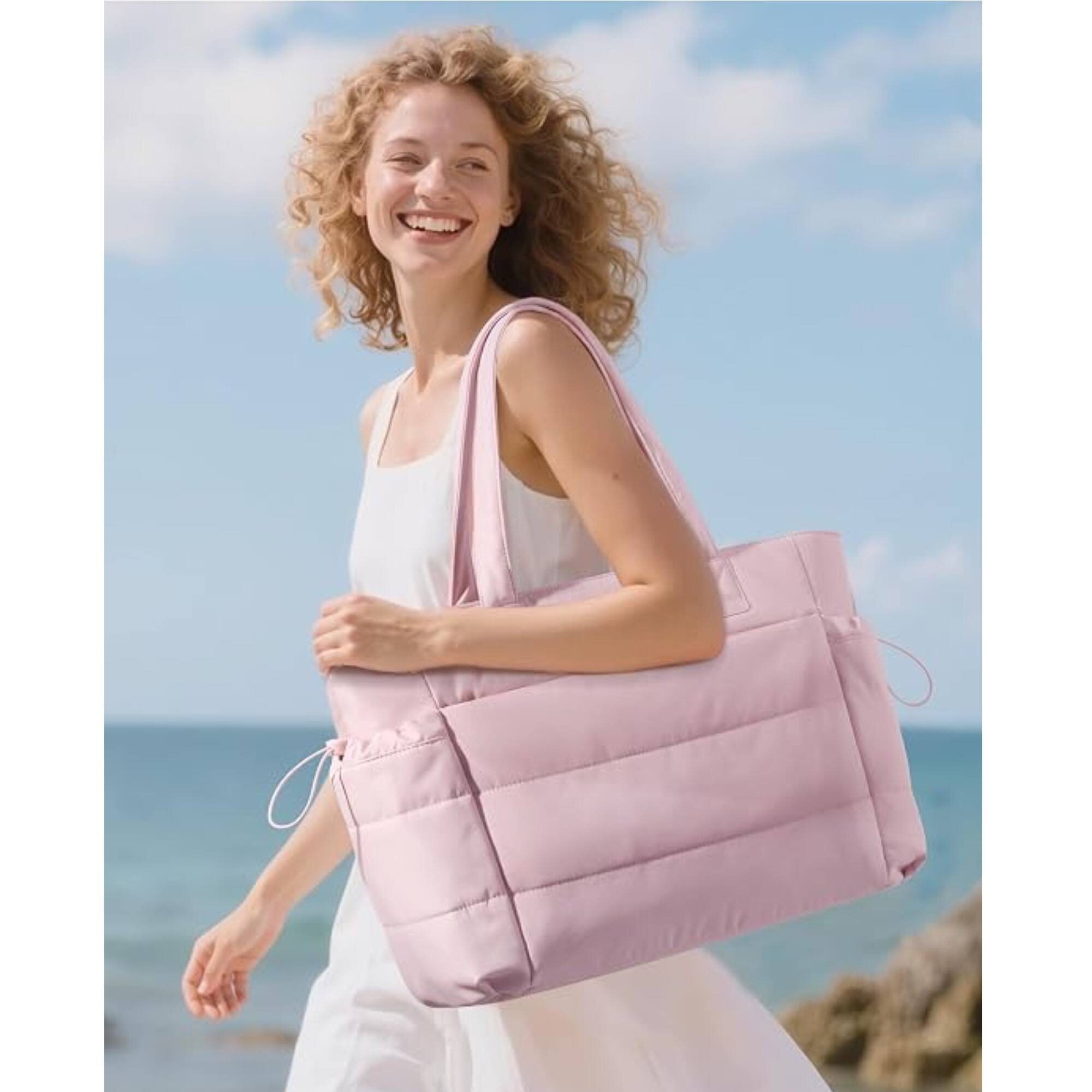 Alt View 1. LOVEVOOK - LOVEVOOK Tote Bag for Women with Giant Tumbler Holder Pocket, Puffer Work Travel Laptop Handbag with Zipper, Pink - Pink.
