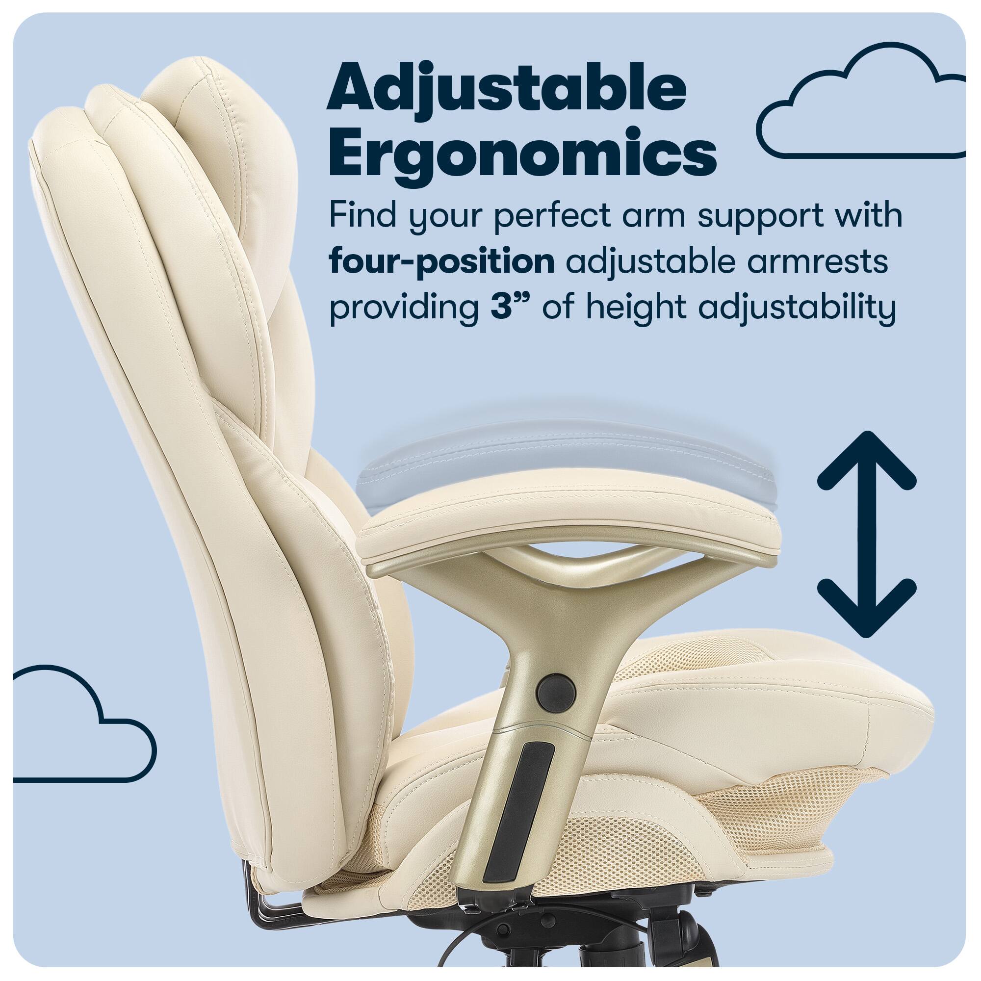 Adjustable Ergonomics: Find your perfect arm support with four-position adjustable armrests providing 3" of height adjustability.